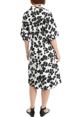 Women's Elbow Sleeve Tie Waist Floral Print Cotton Fit and Flare Dress