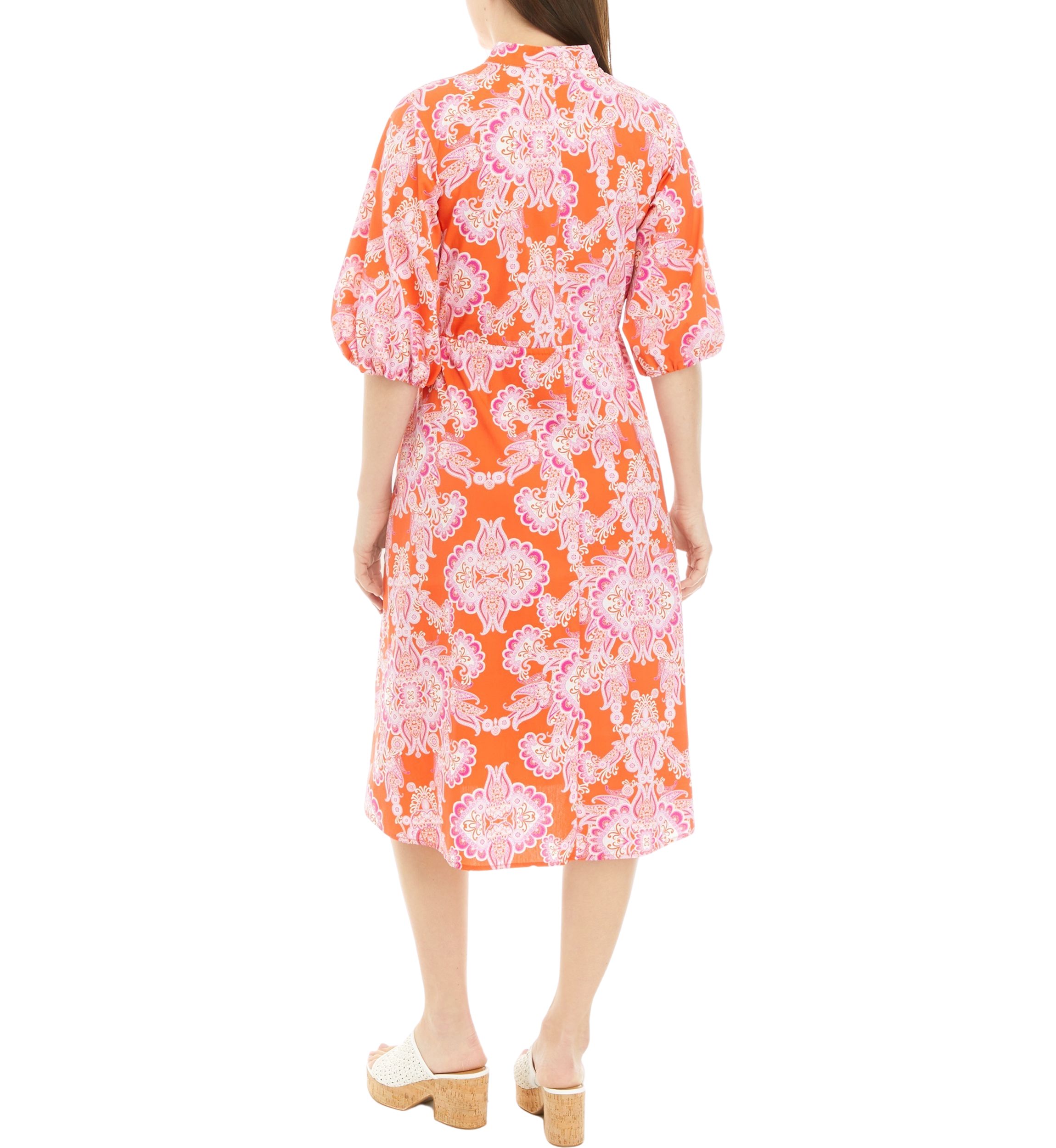Womens Elbow Sleeve Tie Waist Floral Print Cotton Fit and Flare Dress