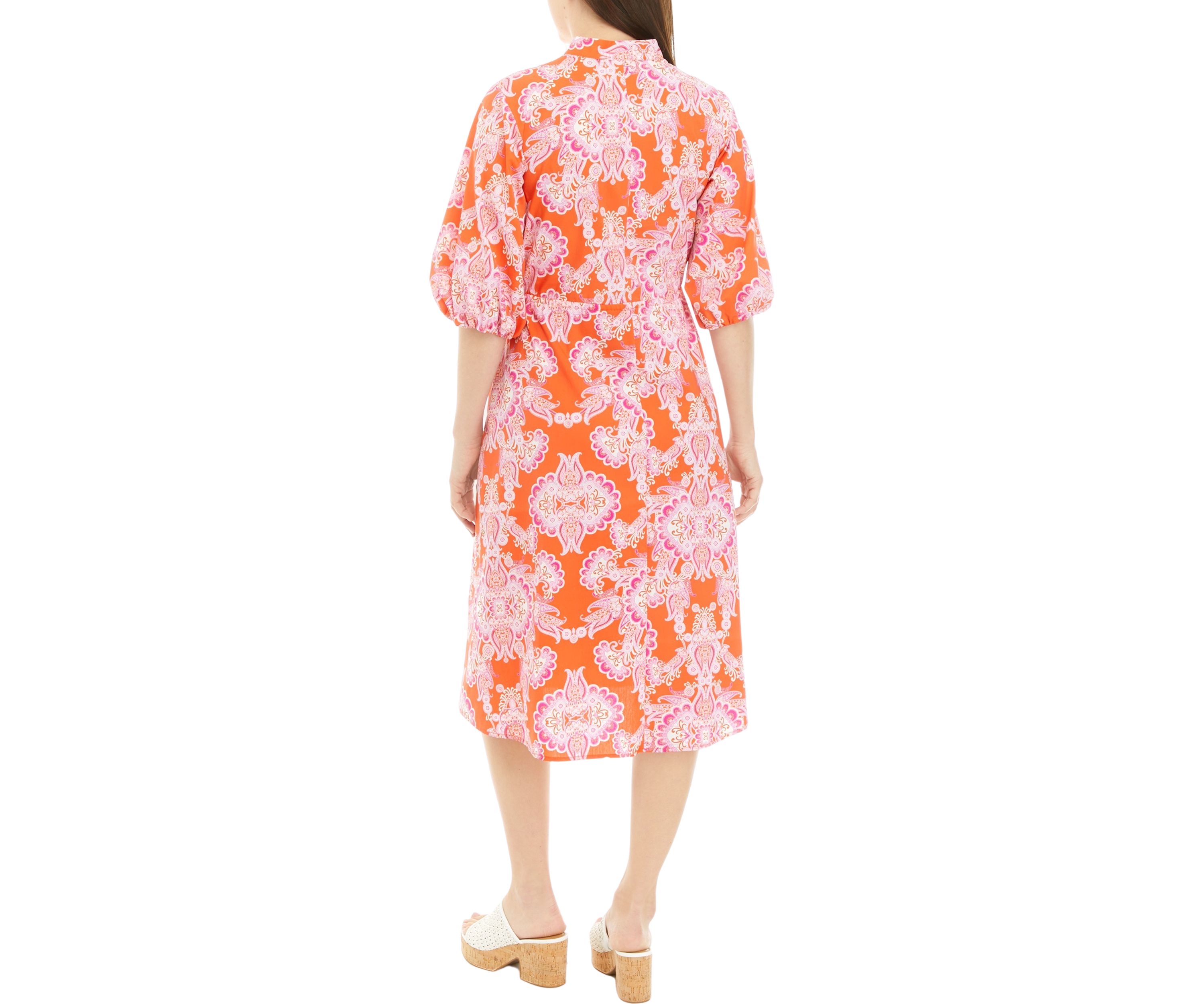 Womens Elbow Sleeve Tie Waist Floral Print Cotton Fit and Flare Dress