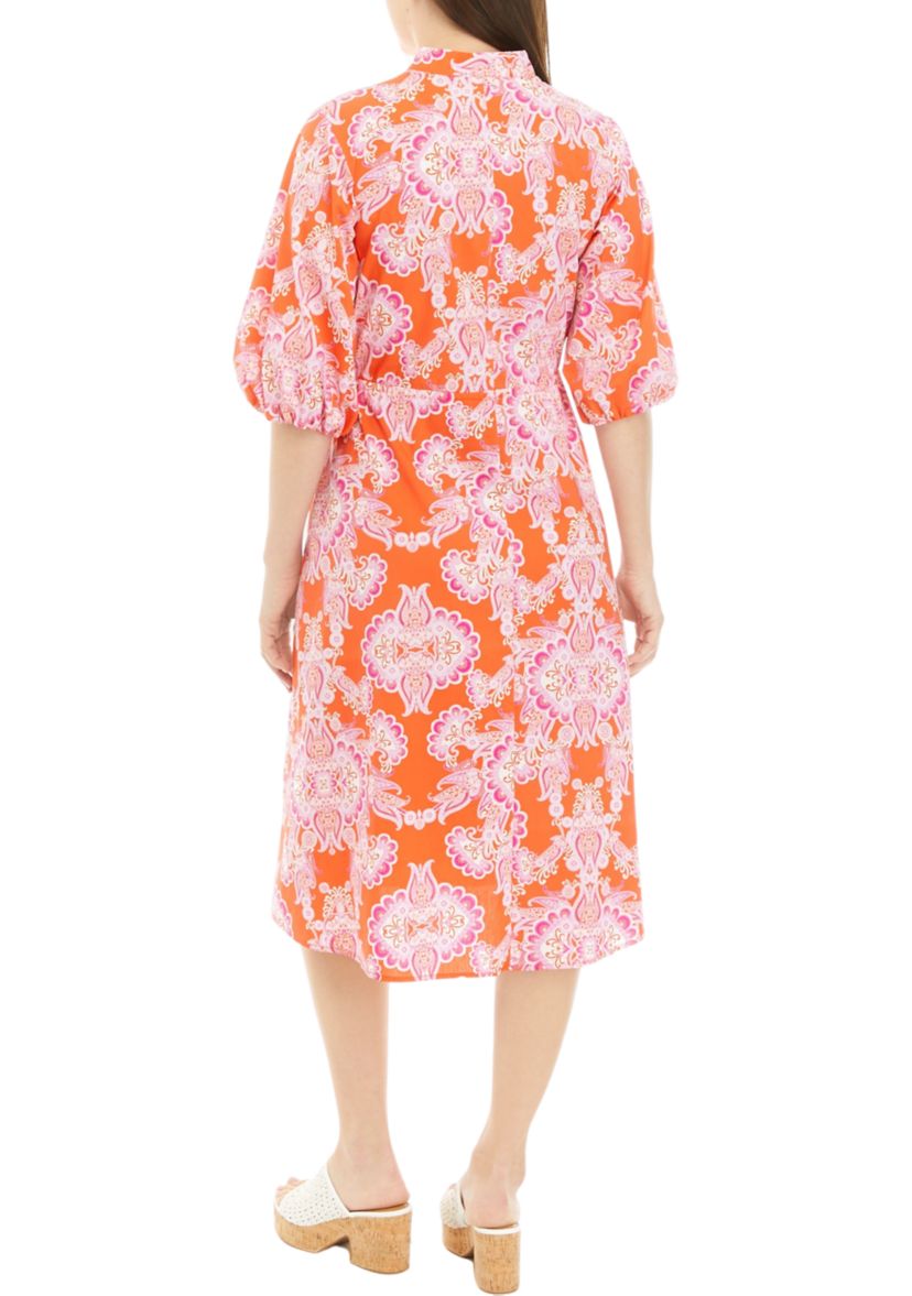 Womens Elbow Sleeve Tie Waist Floral Print Cotton Fit and Flare Dress
