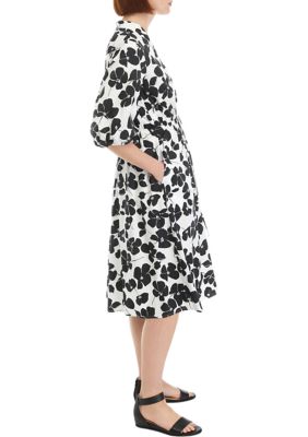 Women's Elbow Sleeve Tie Waist Floral Print Cotton Fit and Flare Dress