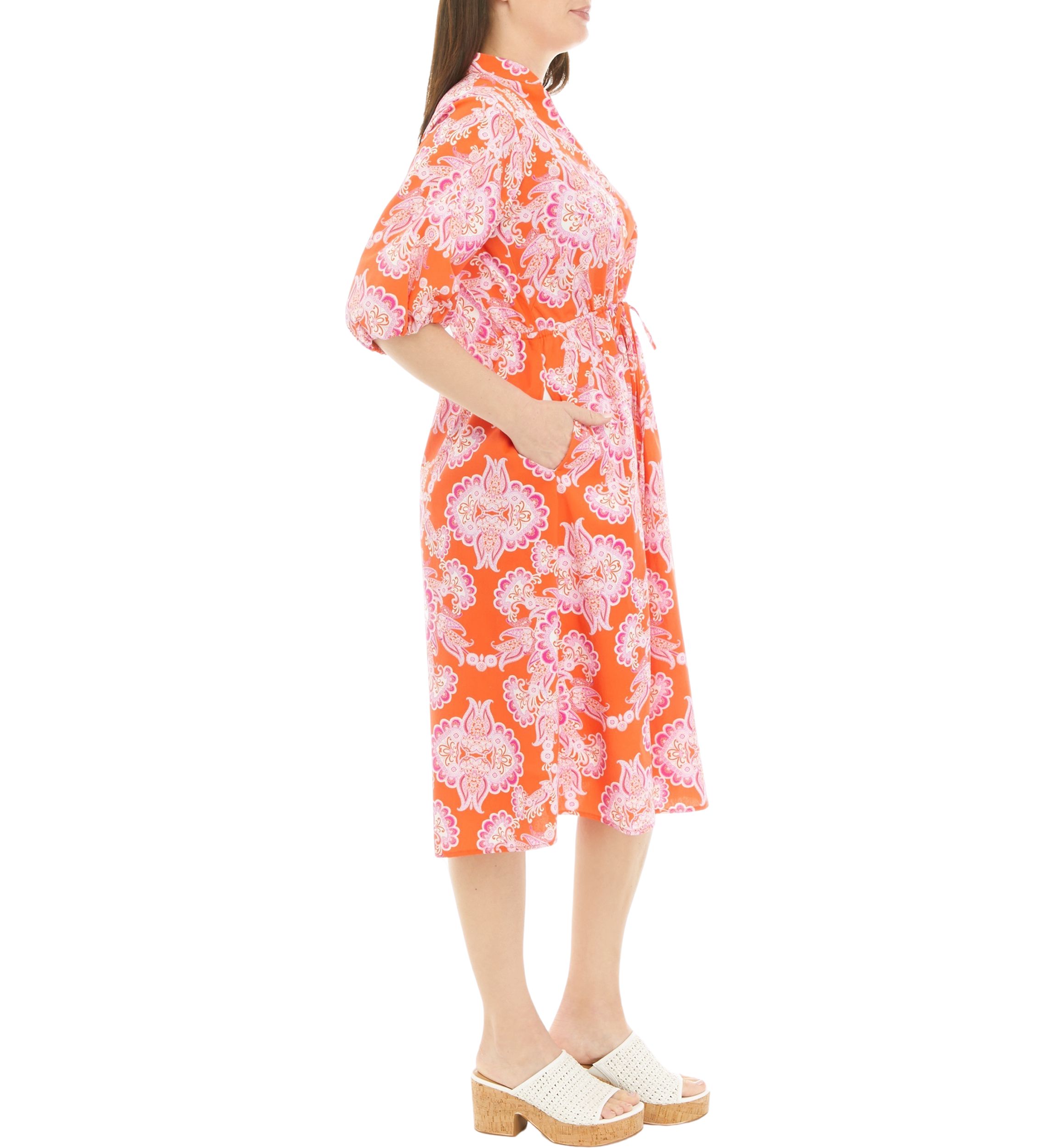Womens Elbow Sleeve Tie Waist Floral Print Cotton Fit and Flare Dress