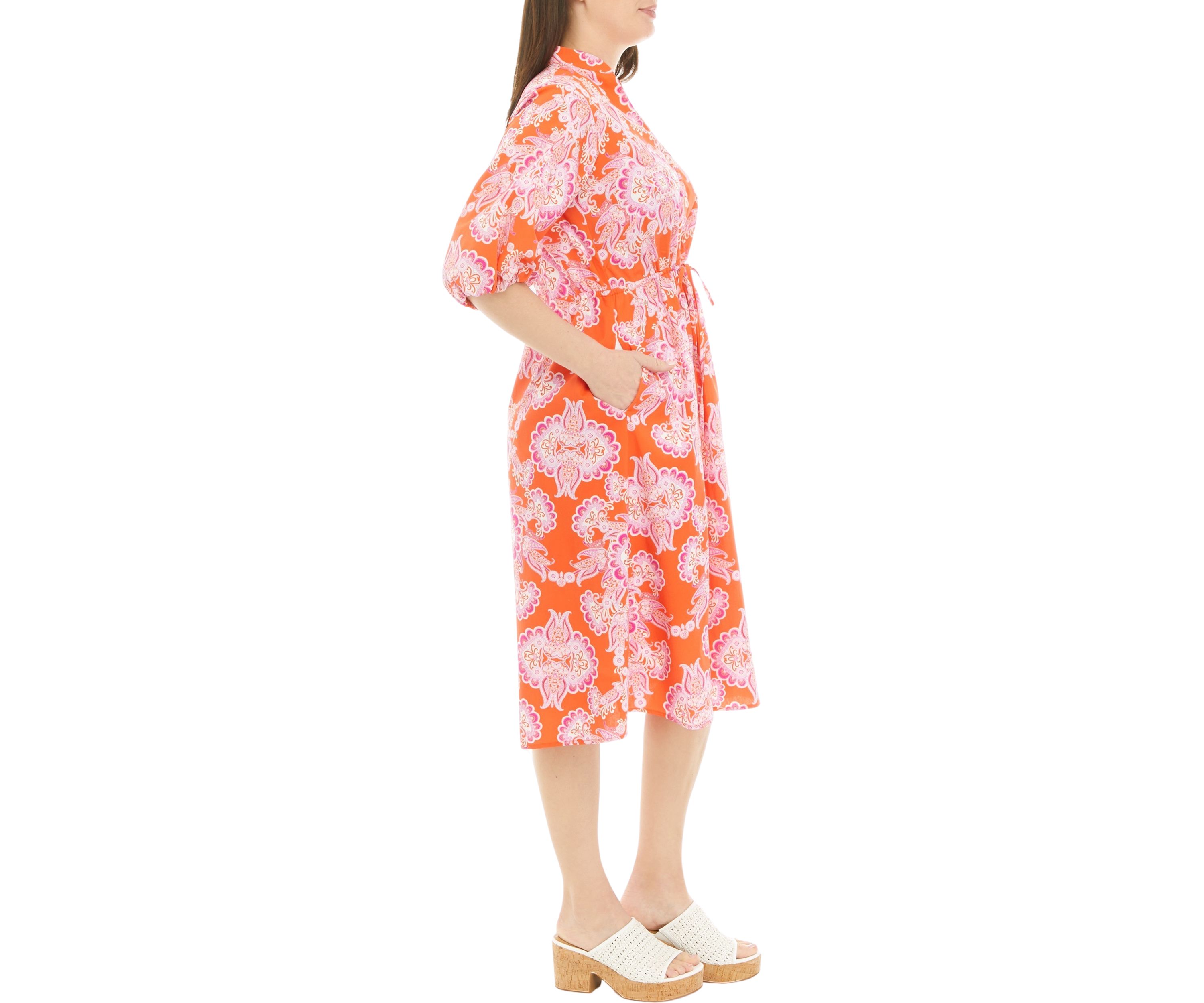 Womens Elbow Sleeve Tie Waist Floral Print Cotton Fit and Flare Dress