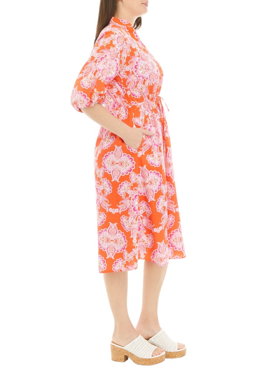 Womens Elbow Sleeve Tie Waist Floral Print Cotton Fit and Flare Dress