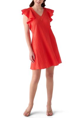 52seven Women's Short Sleeve V-Neck Solid Textured Knit A-Line Dress, Orange, XL