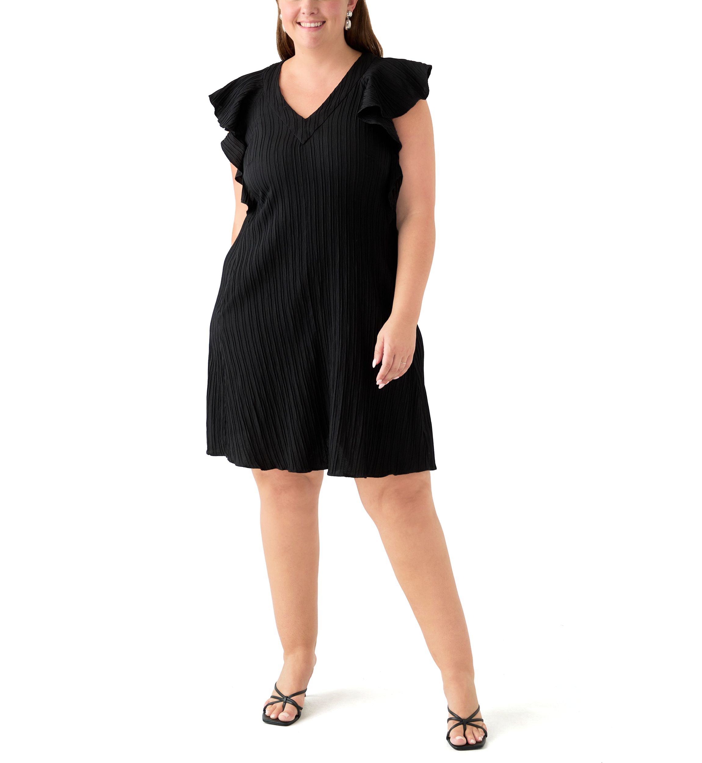 Plus Size Flutter Sleeve V-Neck Gauze A-Line Dress