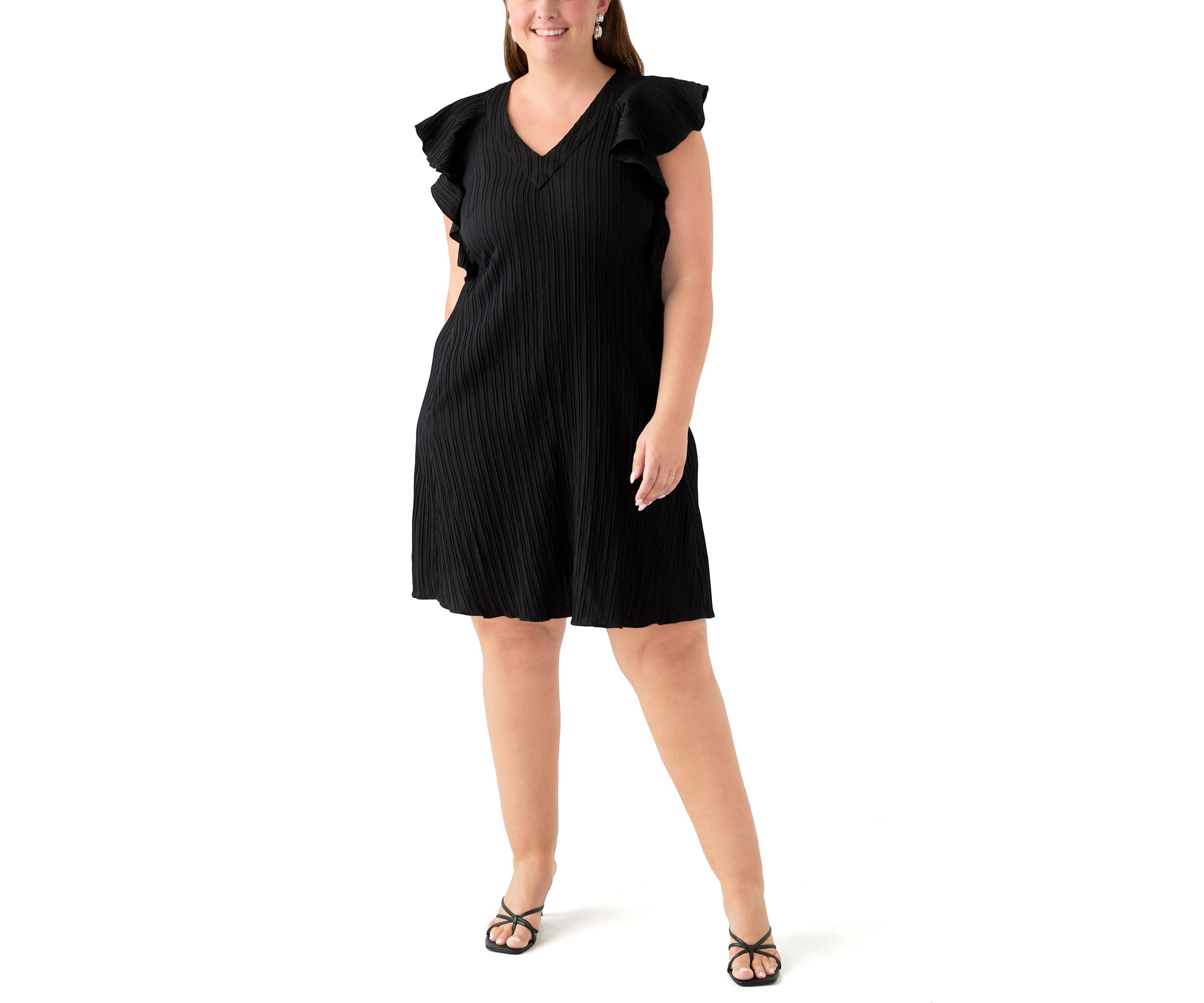 Plus Size Flutter Sleeve V-Neck Gauze A-Line Dress