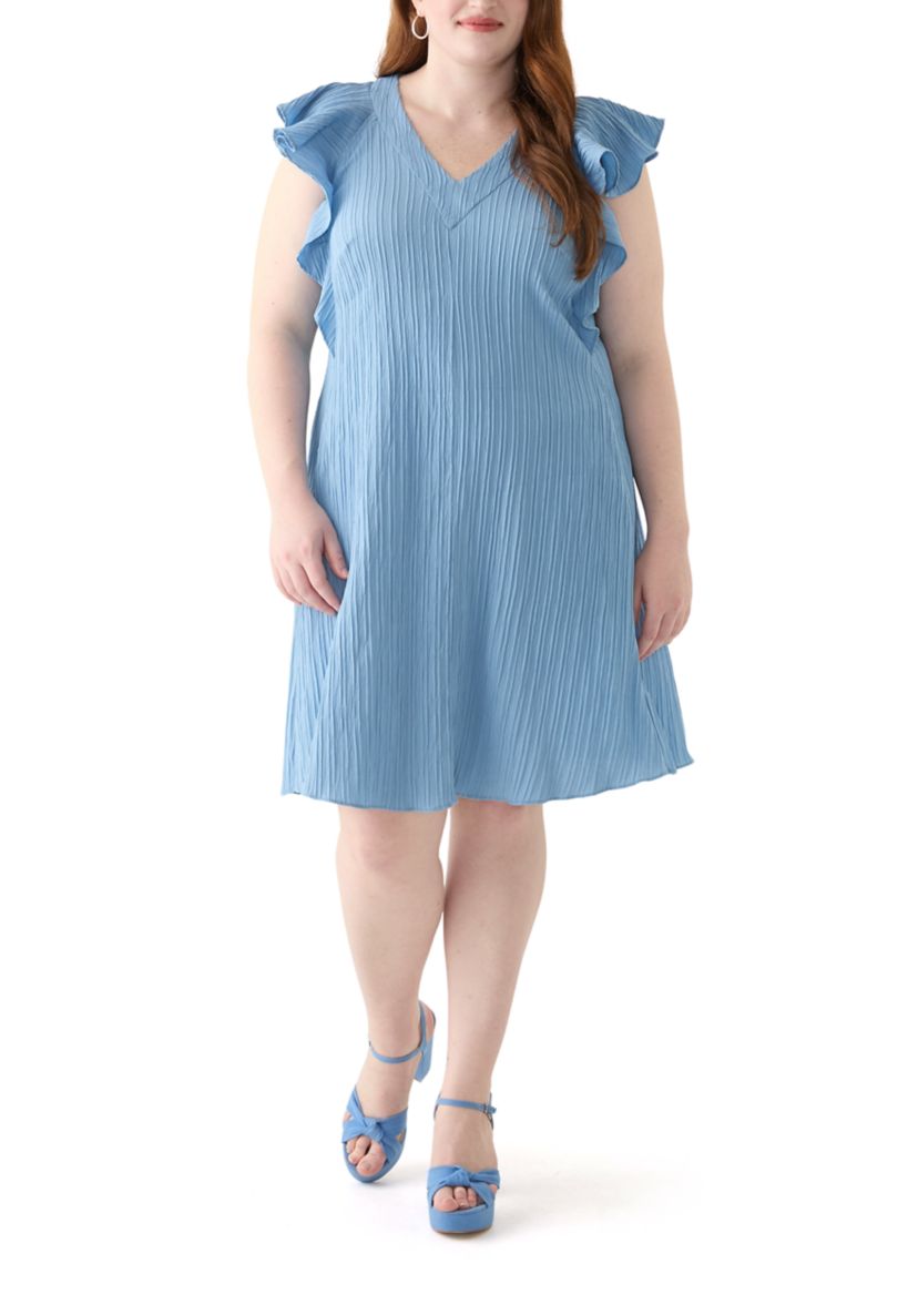 Plus Size Flutter Sleeve V-Neck Gauze A-Line Dress