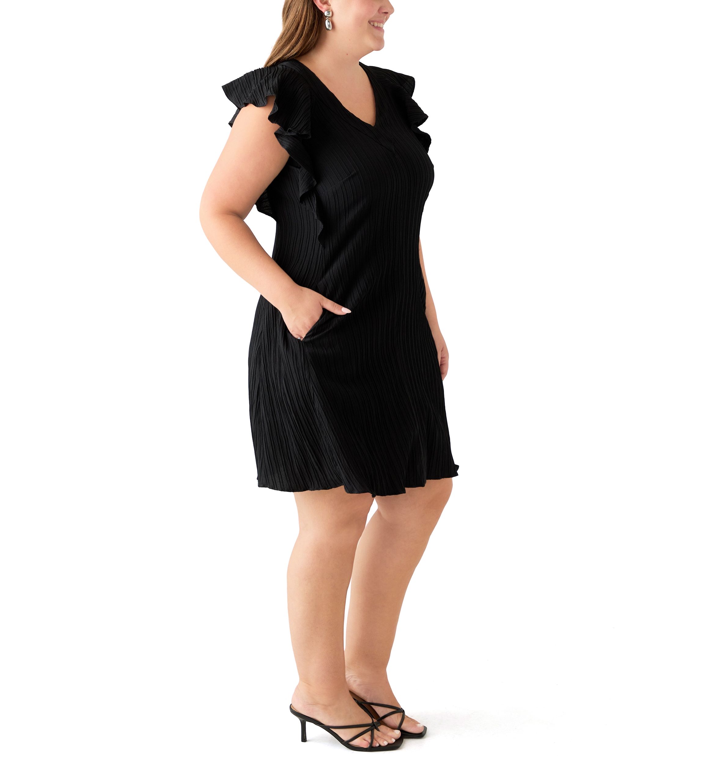 Plus Size Flutter Sleeve V-Neck Gauze A-Line Dress