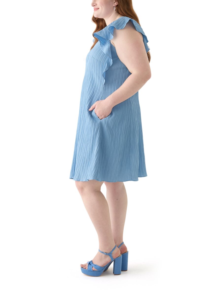 Plus Size Flutter Sleeve V-Neck Gauze A-Line Dress