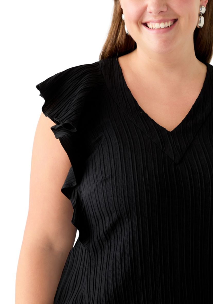 Plus Size Flutter Sleeve V-Neck Gauze A-Line Dress