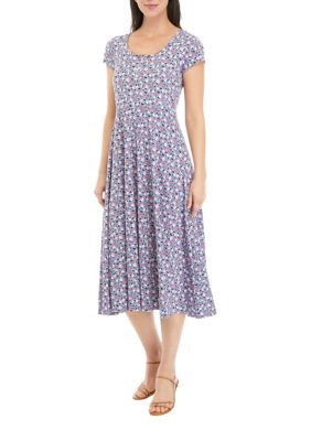 Women's Cap Sleeve Ditsy Floral Print Midi Dress