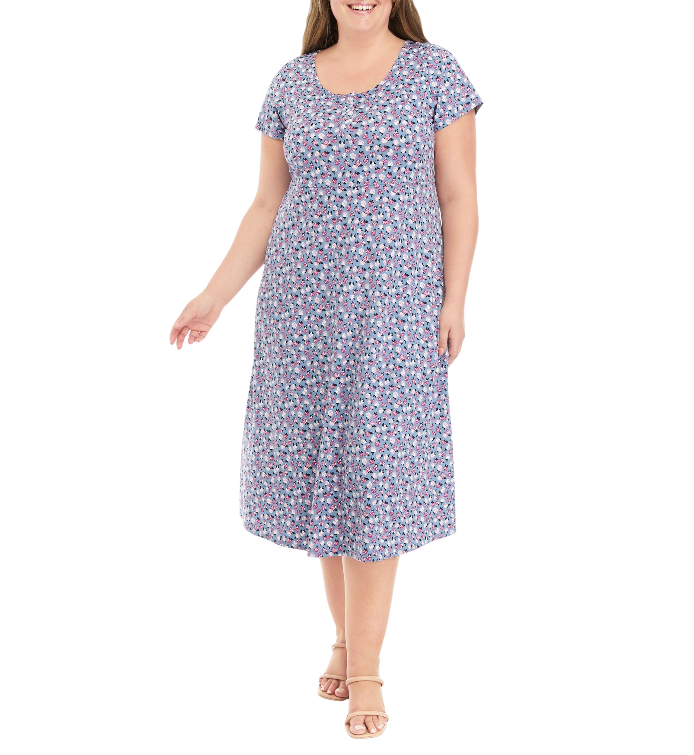 Plus Size Short Sleeve Scoop Neck Ditsy Floral Midi Dress