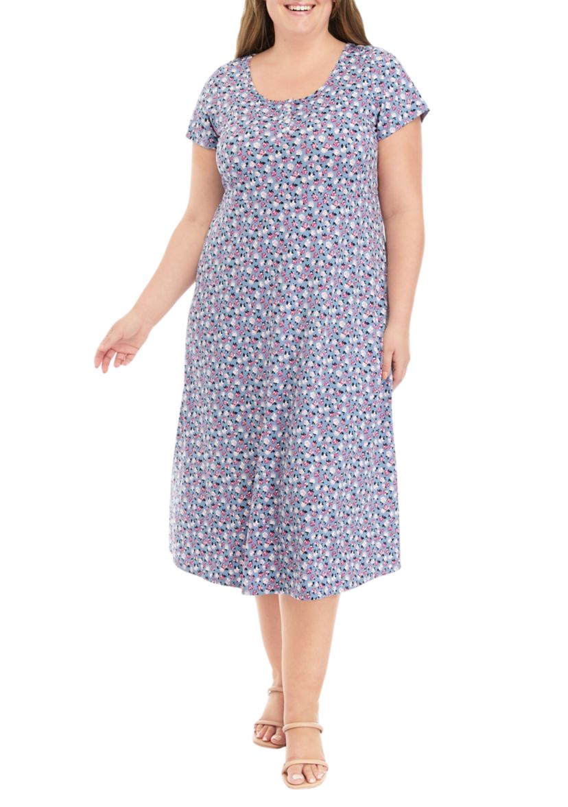 Plus Size Short Sleeve Scoop Neck Ditsy Floral Midi Dress