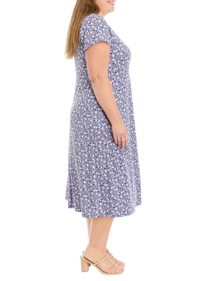 Plus Size Short Sleeve Scoop Neck Ditsy Floral Midi Dress