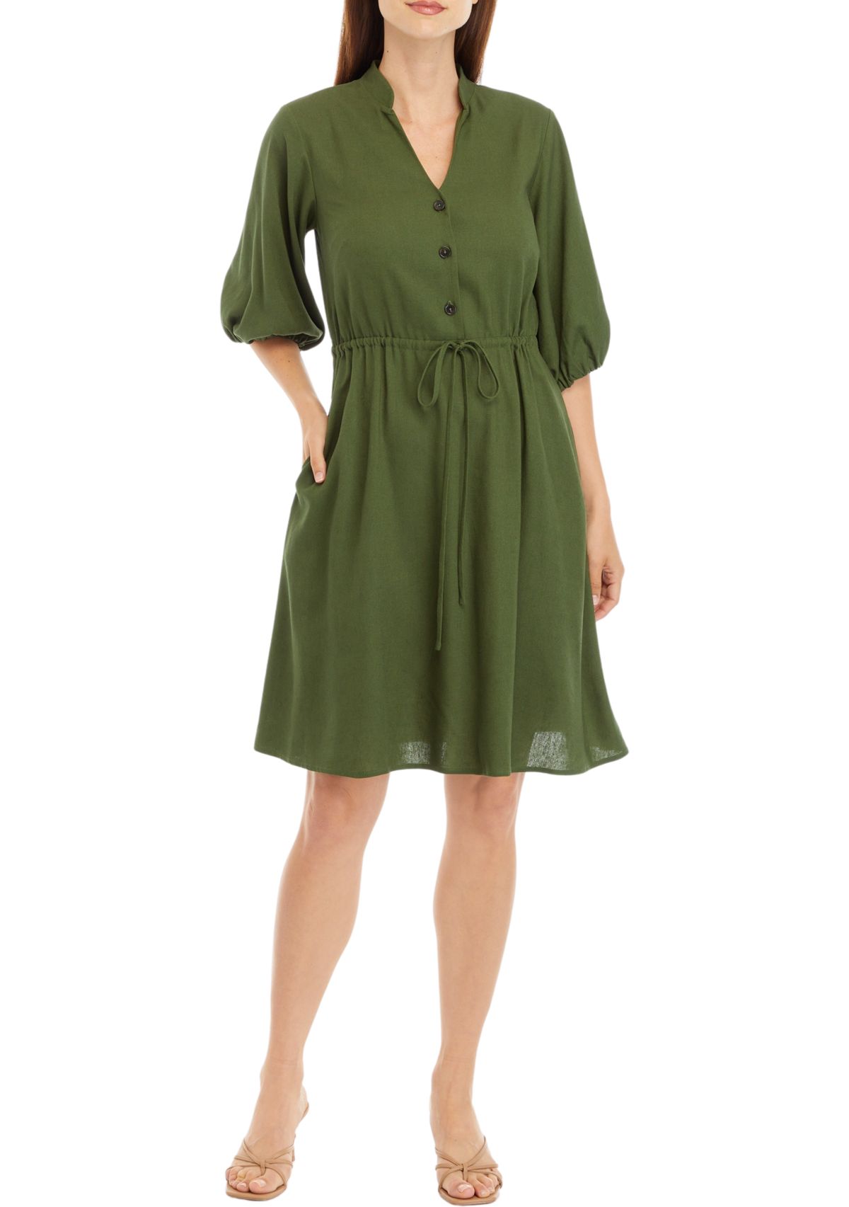 Womens Puff Sleeve Solid Shirtdress