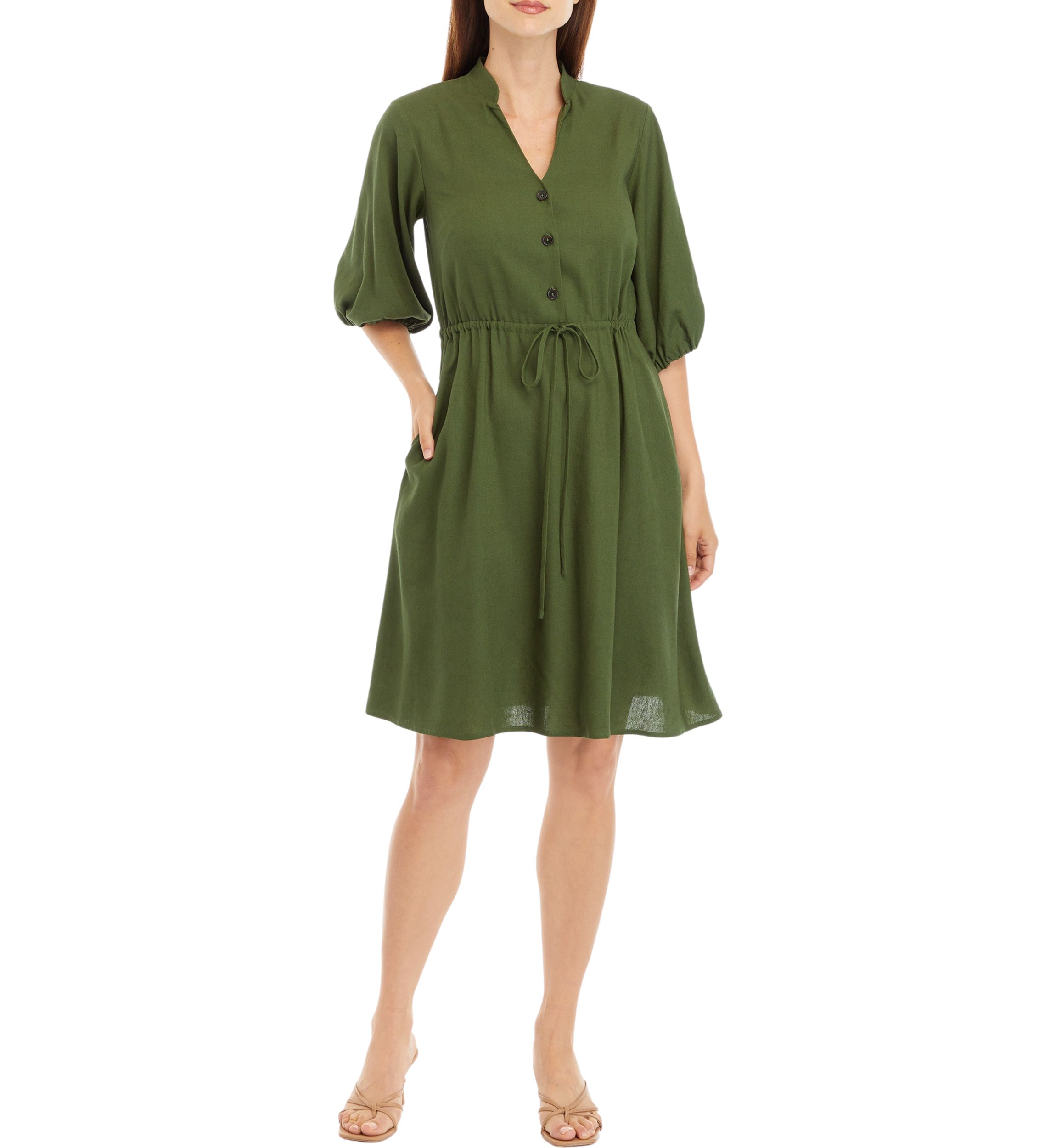 Womens Puff Sleeve Solid Shirtdress
