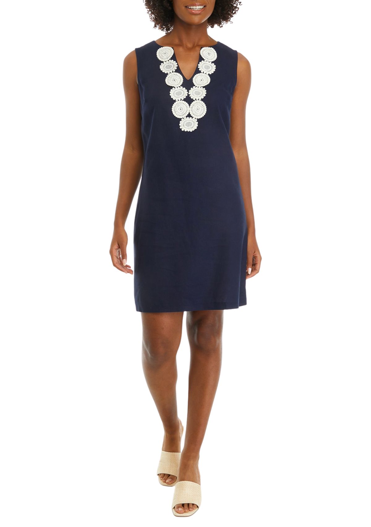 Womens Sleeveless Embroidered V-Neck Solid Linen Sheath Dress