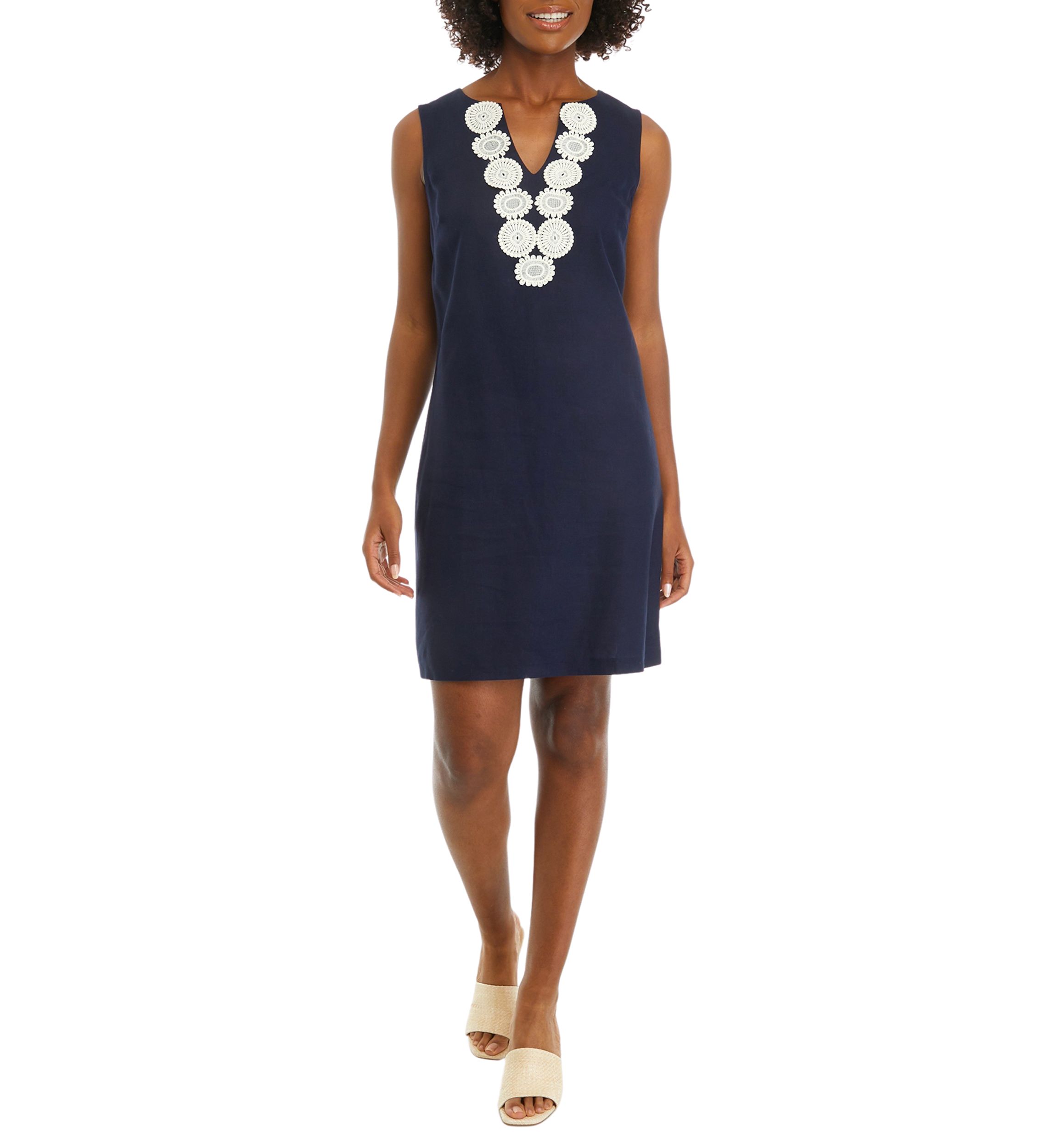 Womens Sleeveless Embroidered V-Neck Solid Linen Sheath Dress