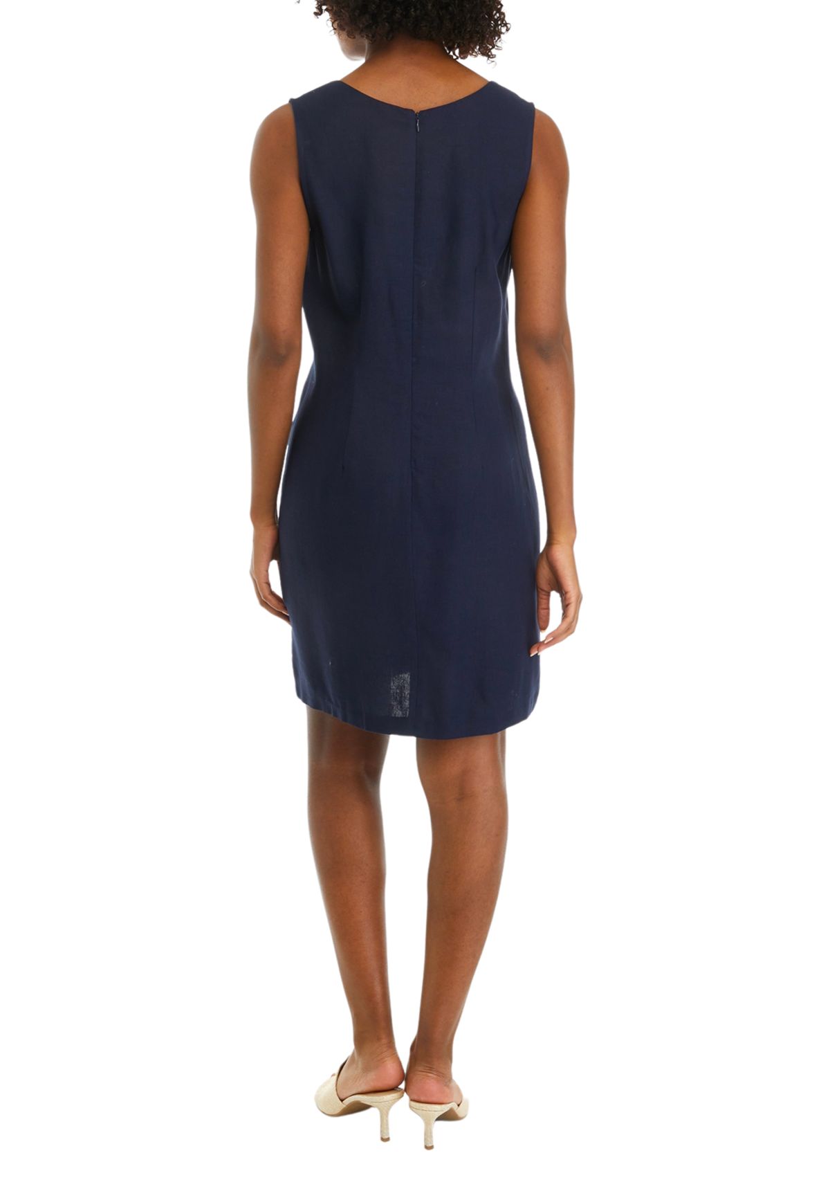 Womens Sleeveless Embroidered V-Neck Solid Linen Sheath Dress