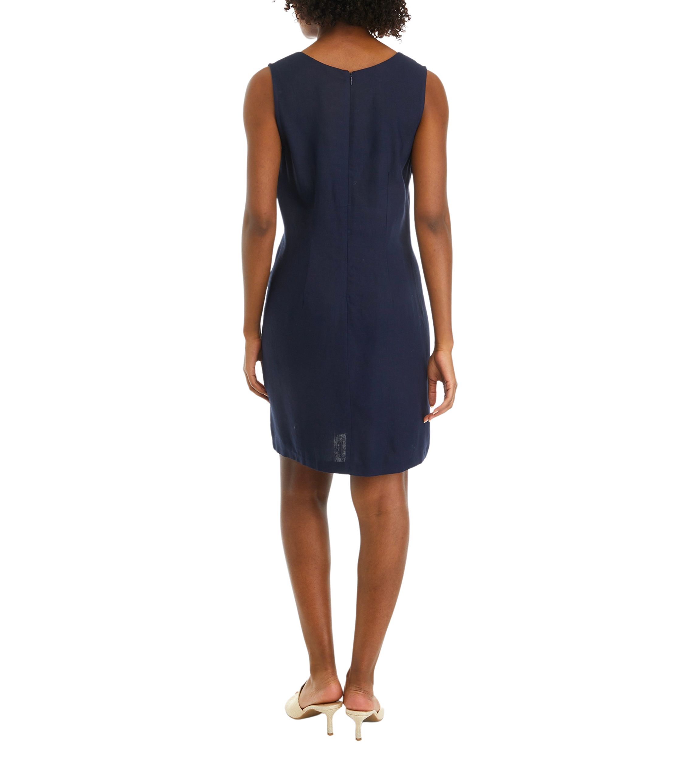 Womens Sleeveless Embroidered V-Neck Solid Linen Sheath Dress