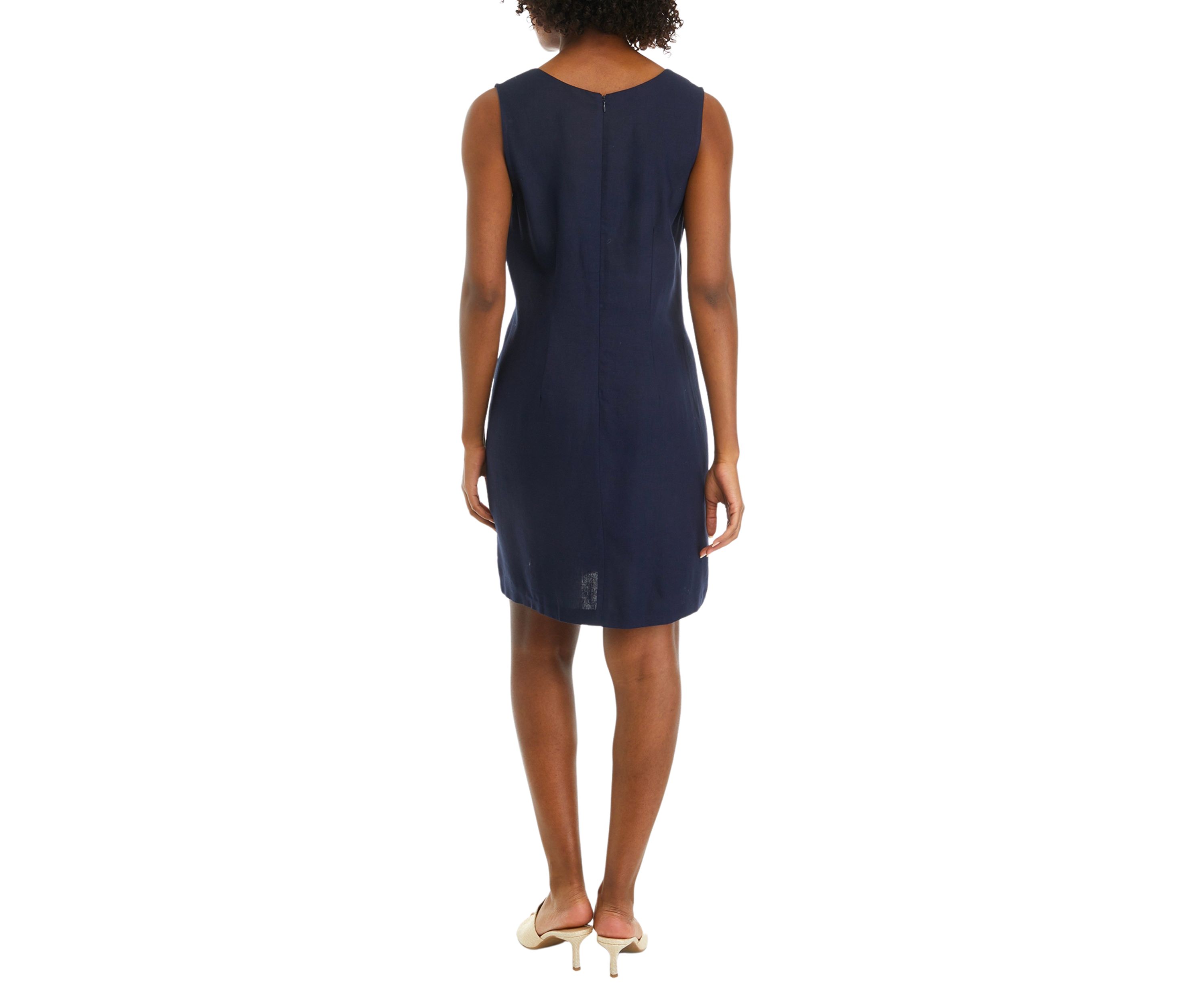 Womens Sleeveless Embroidered V-Neck Solid Linen Sheath Dress
