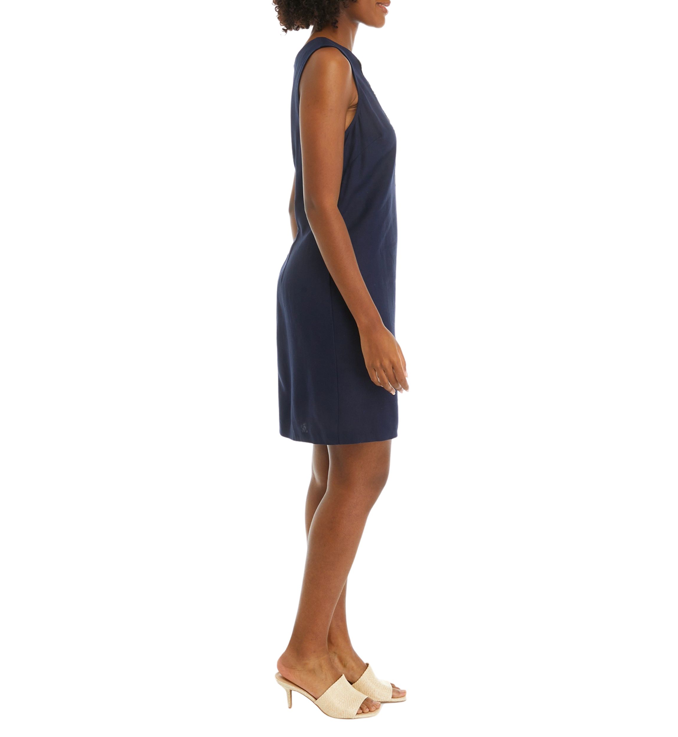 Womens Sleeveless Embroidered V-Neck Solid Linen Sheath Dress