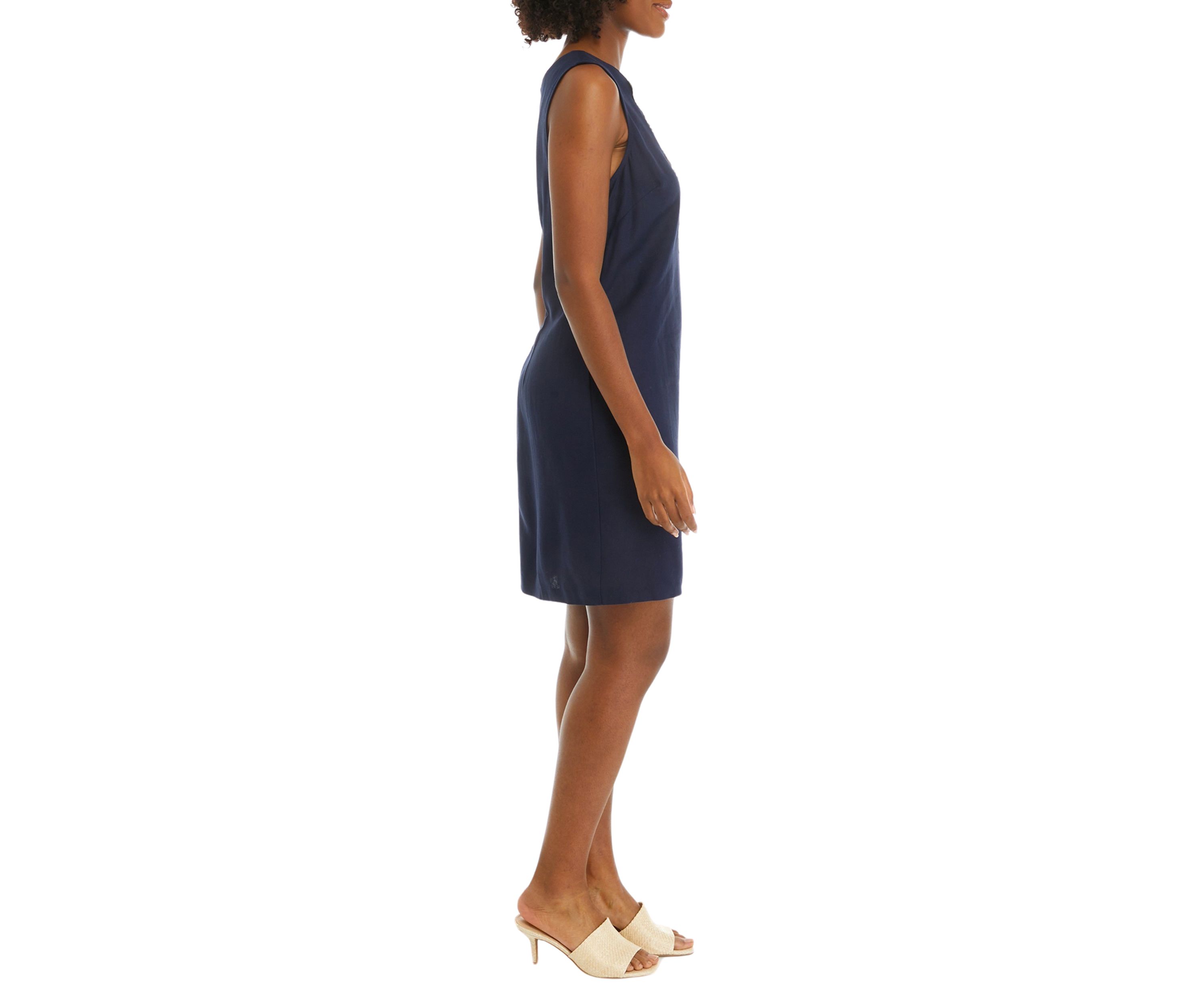 Womens Sleeveless Embroidered V-Neck Solid Linen Sheath Dress