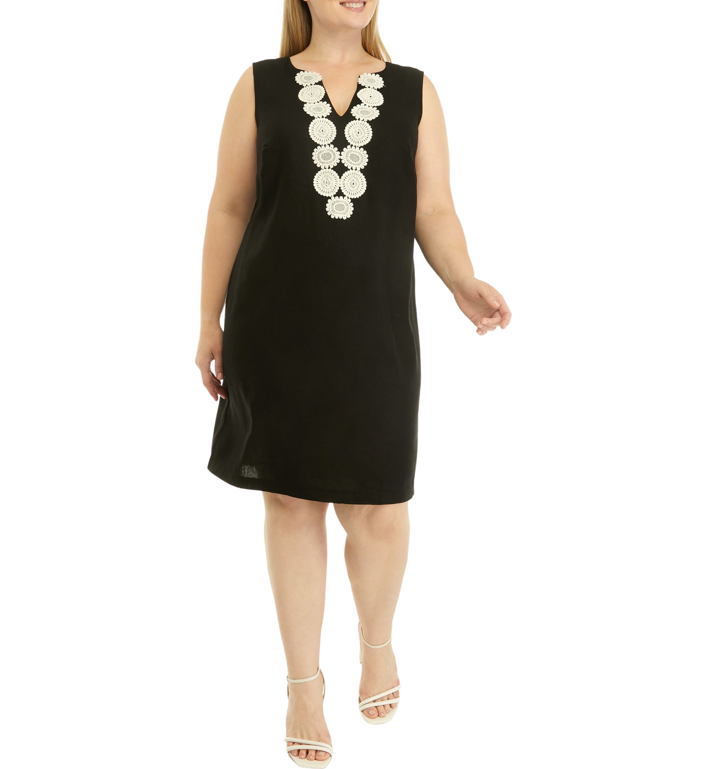 Plus Size Sleeveless Embroidered V-Neck Solid Linen Sheath Dress