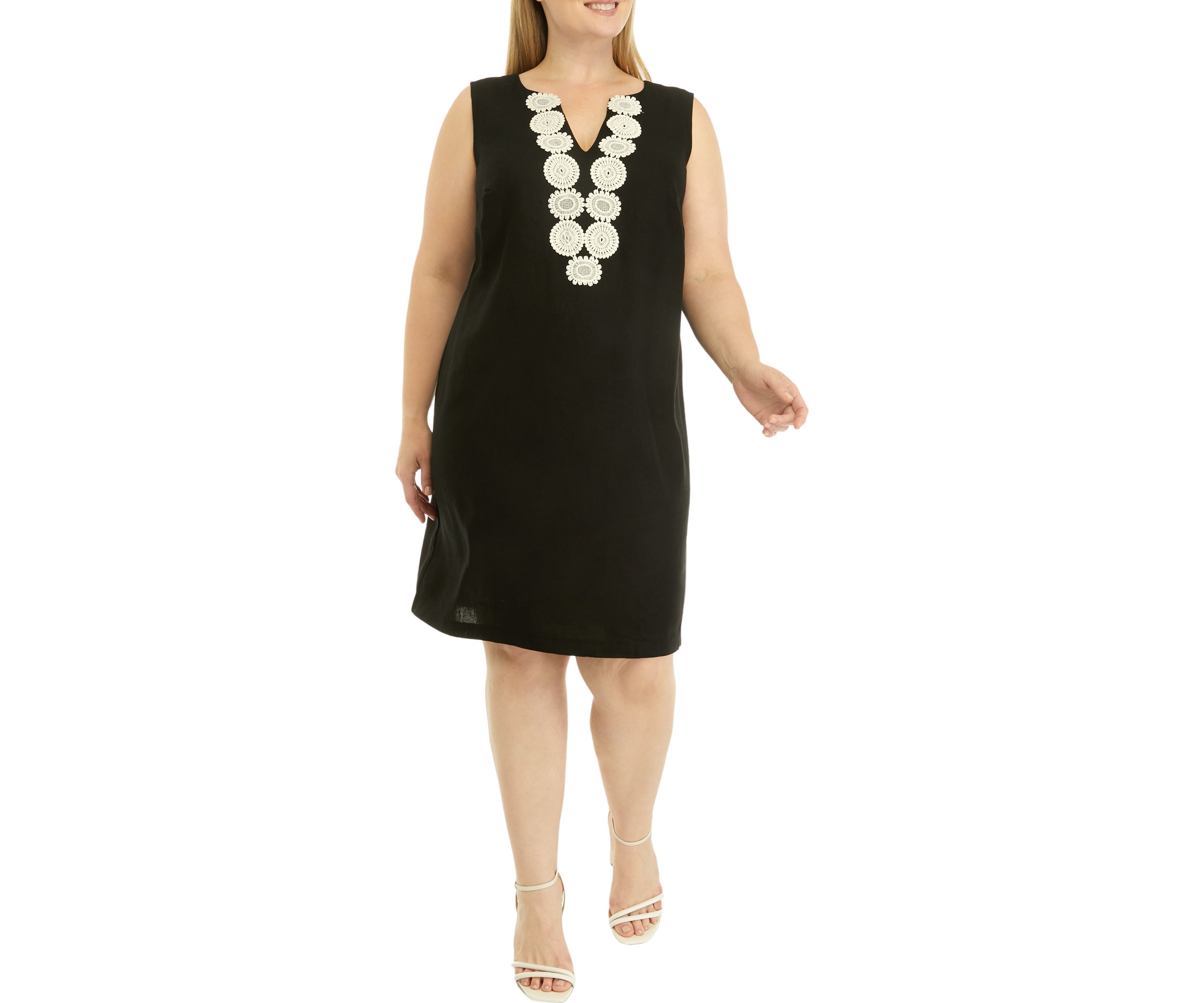 Plus Size Sleeveless Embroidered V-Neck Solid Linen Sheath Dress