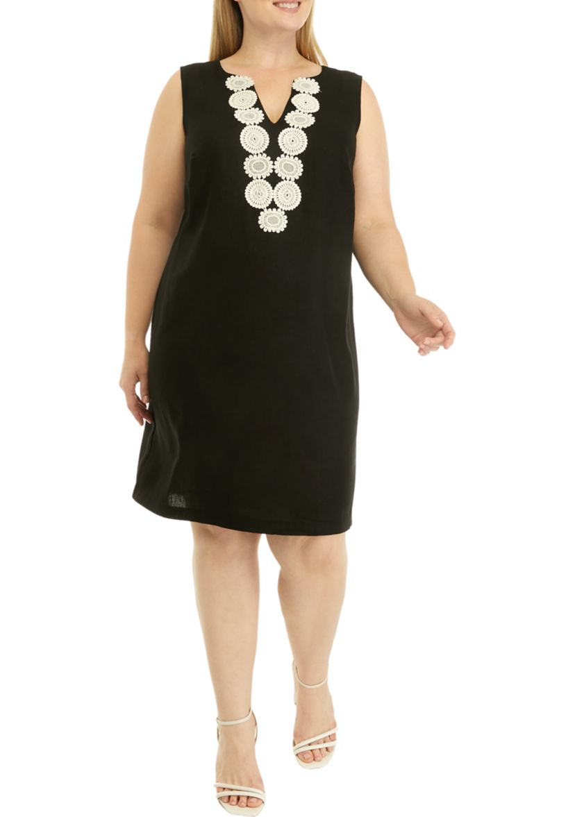 Plus Size Sleeveless Embroidered V-Neck Solid Linen Sheath Dress