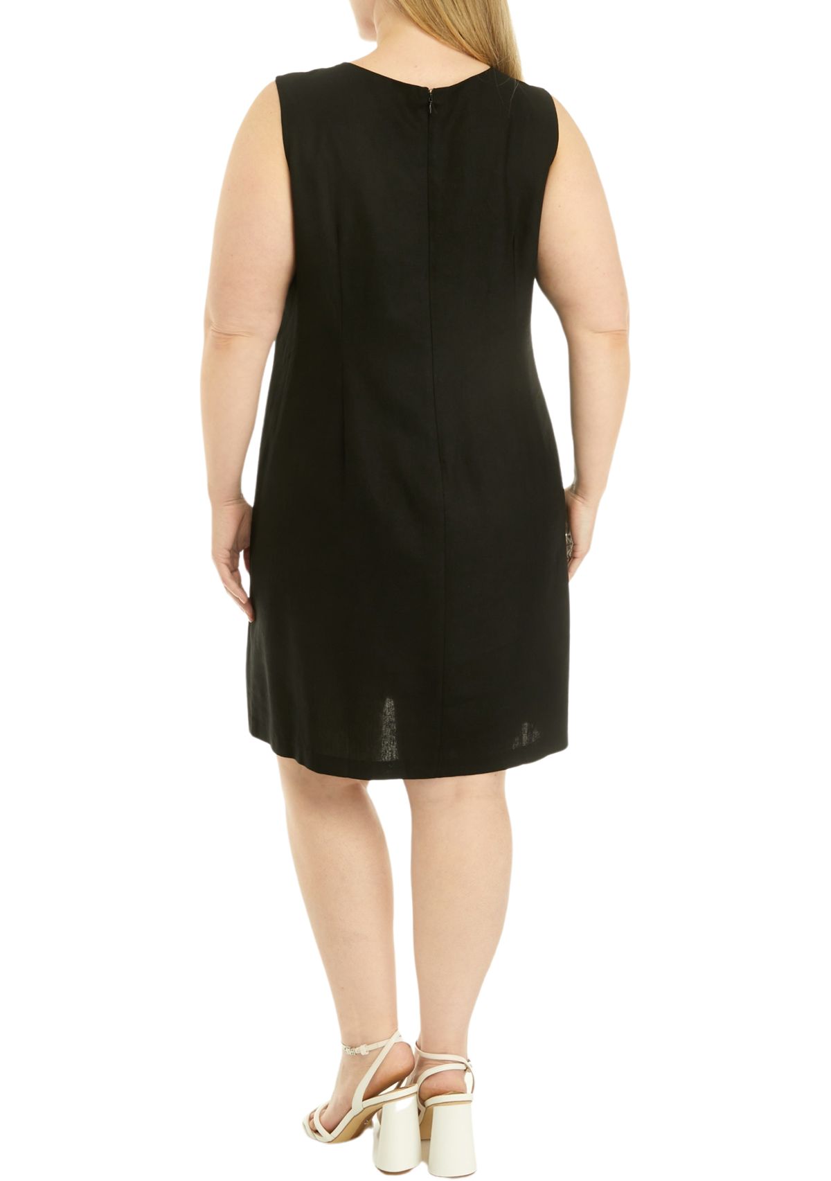 Plus Size Sleeveless Embroidered V-Neck Solid Linen Sheath Dress