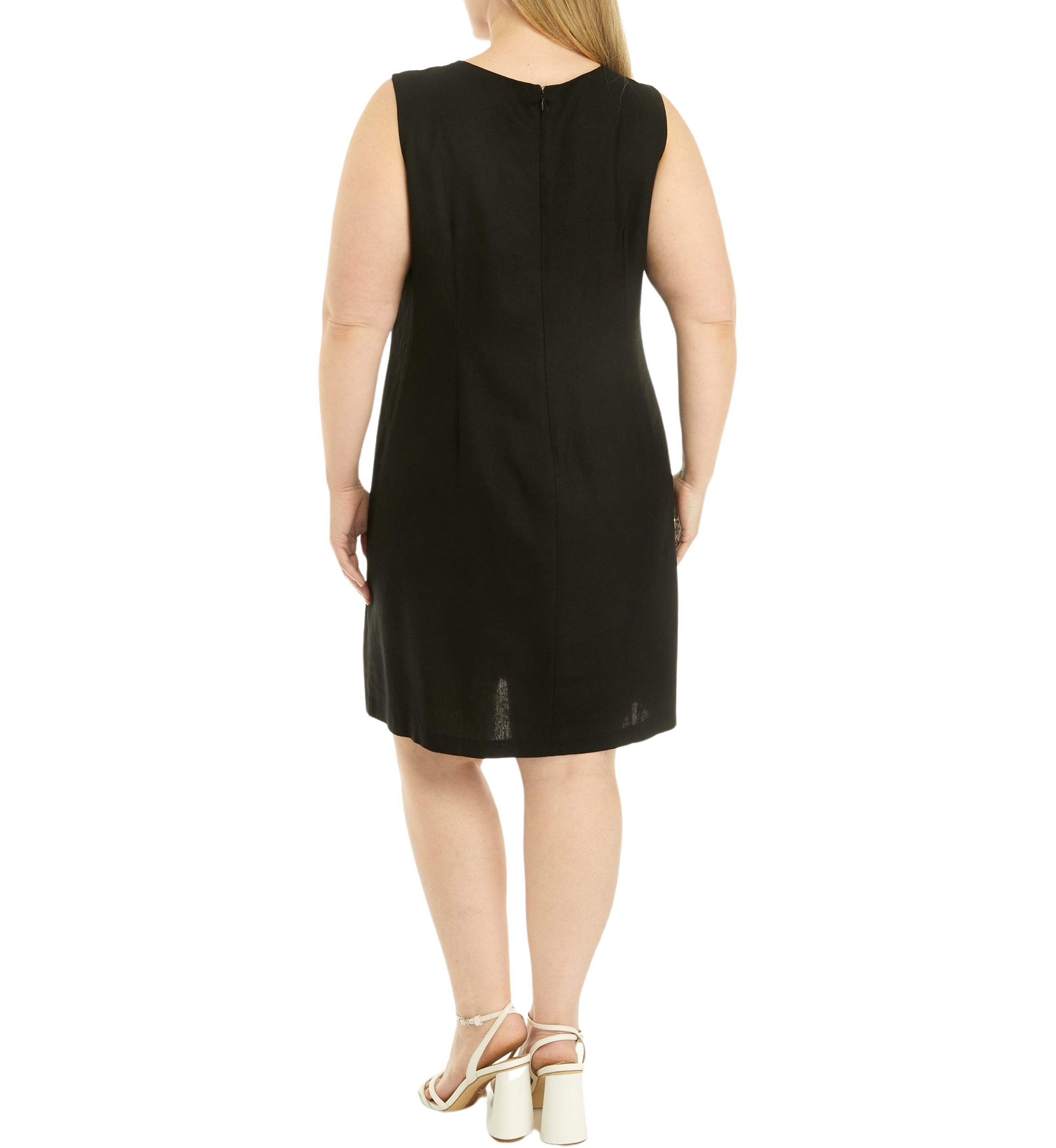 Plus Size Sleeveless Embroidered V-Neck Solid Linen Sheath Dress