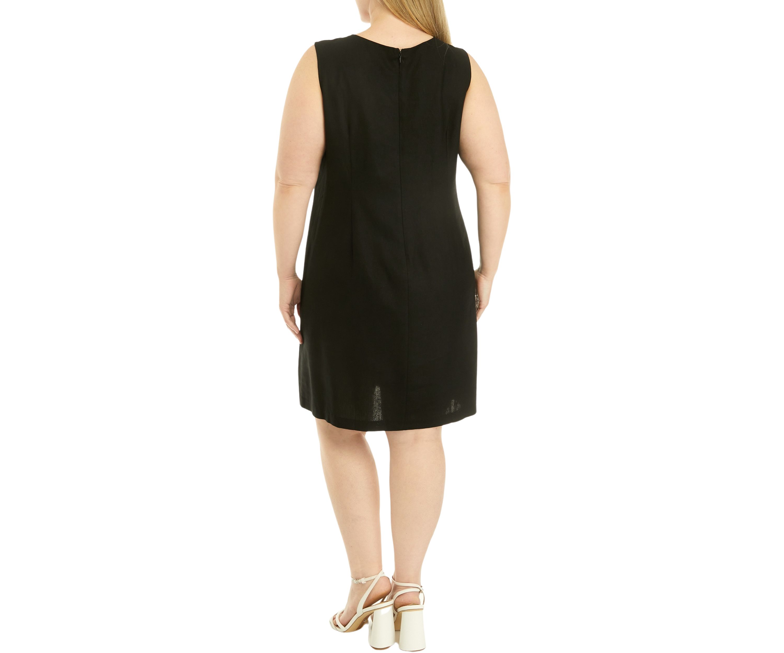 Plus Size Sleeveless Embroidered V-Neck Solid Linen Sheath Dress