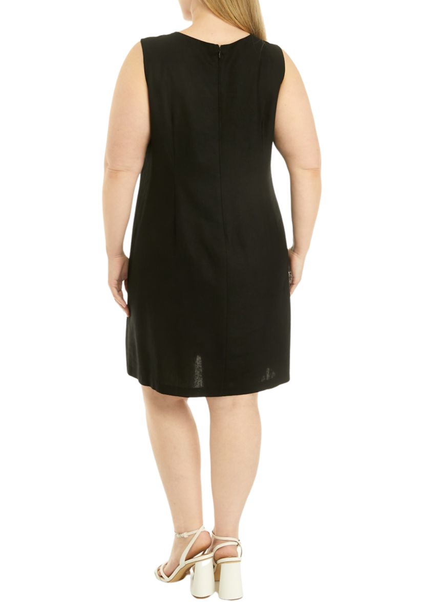 Plus Size Sleeveless Embroidered V-Neck Solid Linen Sheath Dress
