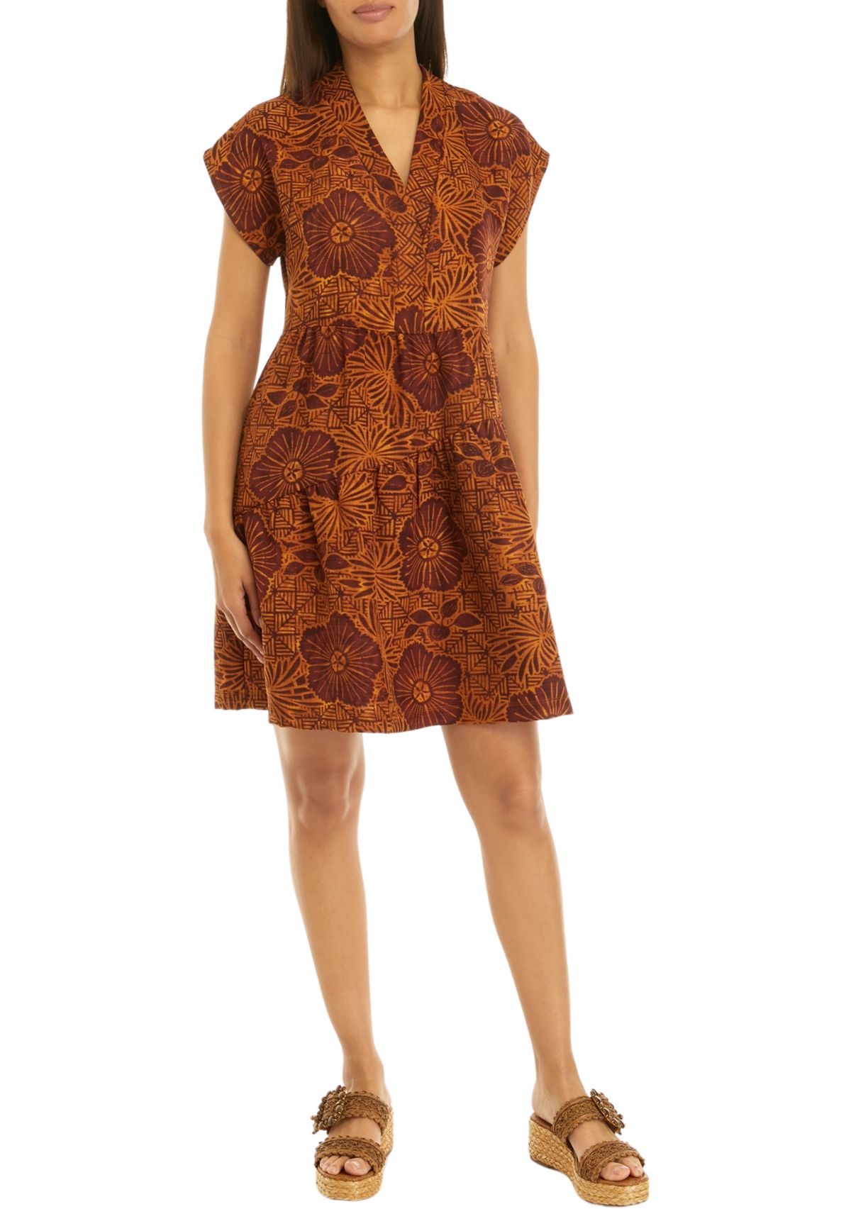 Womens Short Sleeve V-Neck Asymmetrical Tiered Printed A-Line Dress