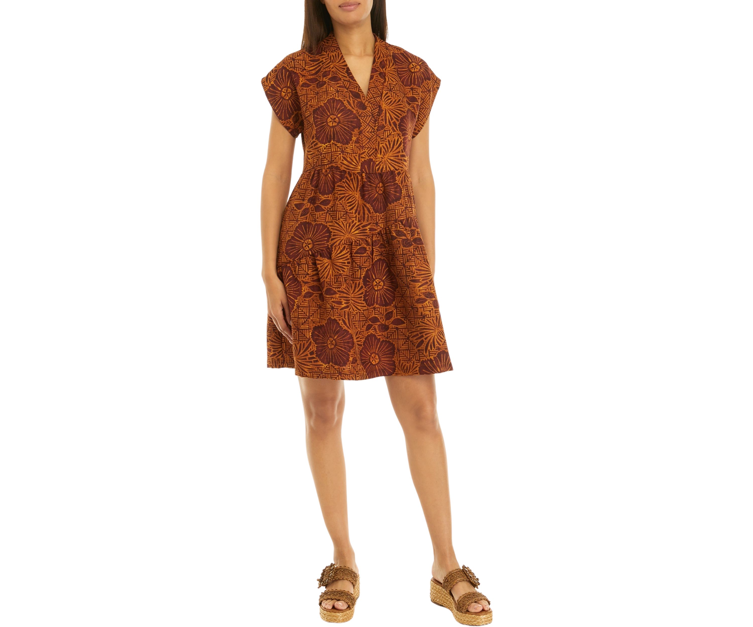 Womens Short Sleeve V-Neck Asymmetrical Tiered Printed A-Line Dress