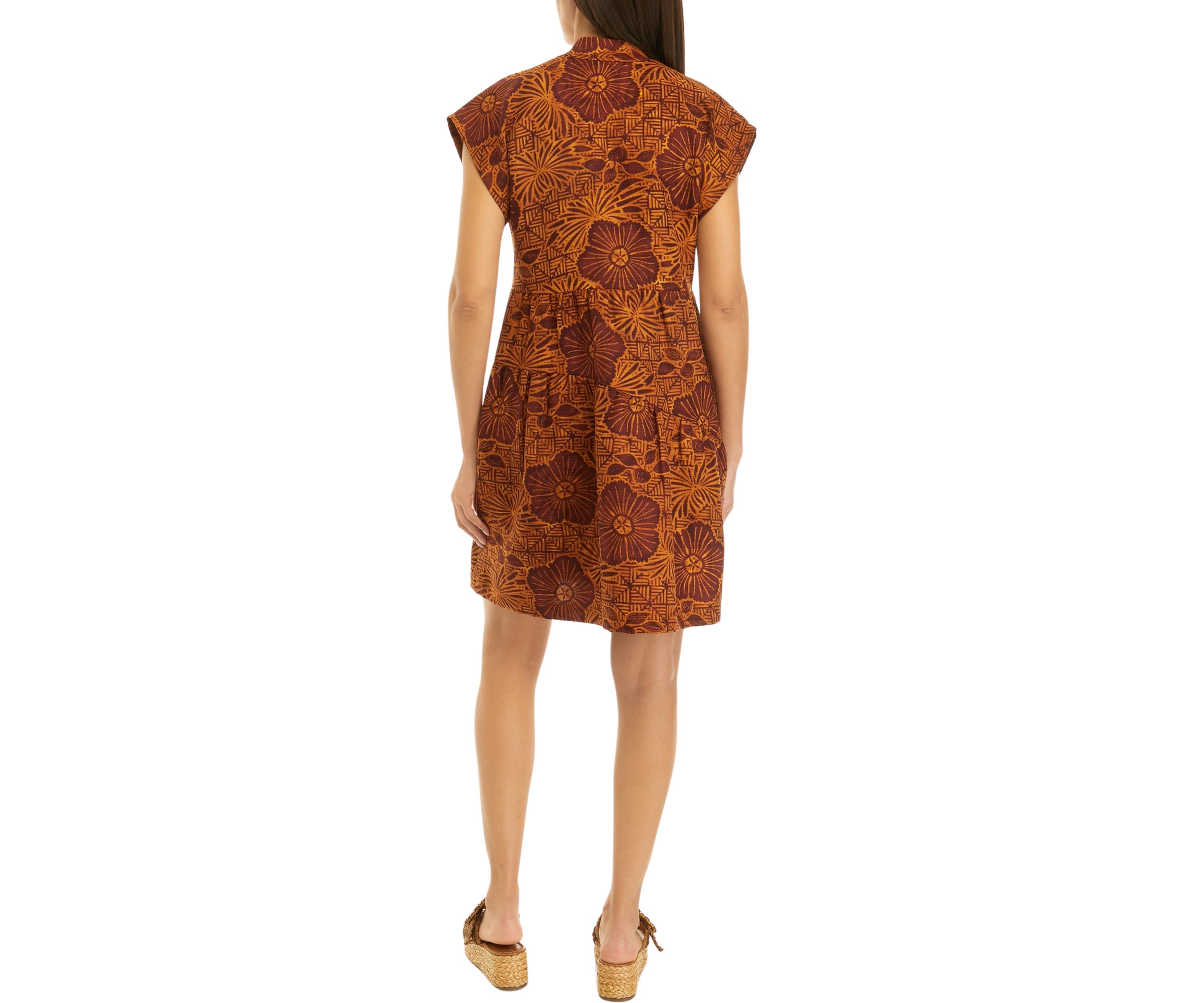 Womens Short Sleeve V-Neck Asymmetrical Tiered Printed A-Line Dress