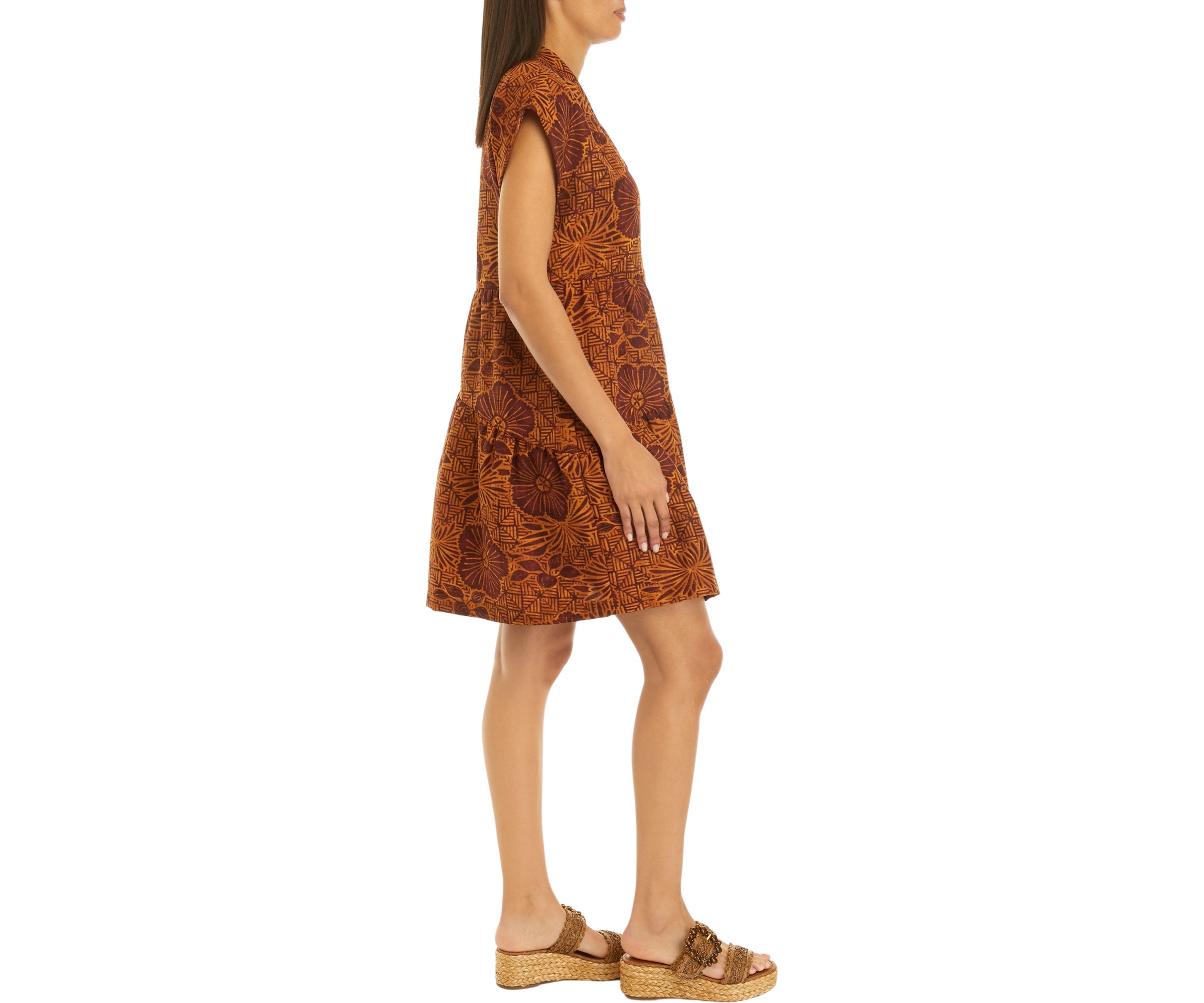 Womens Short Sleeve V-Neck Asymmetrical Tiered Printed A-Line Dress