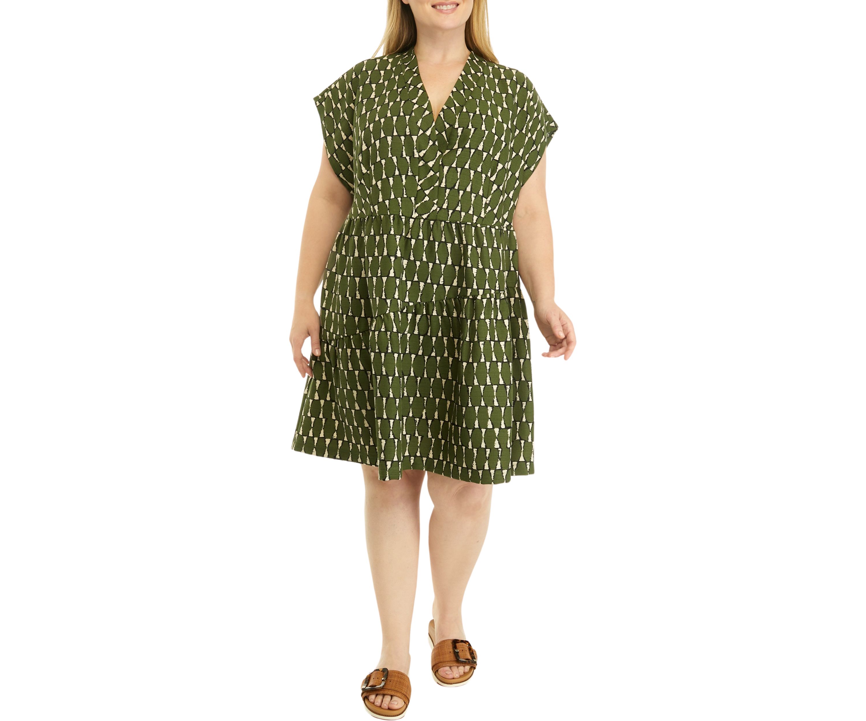 Plus Size Short Sleeve V-Neck Abstract Print Dress