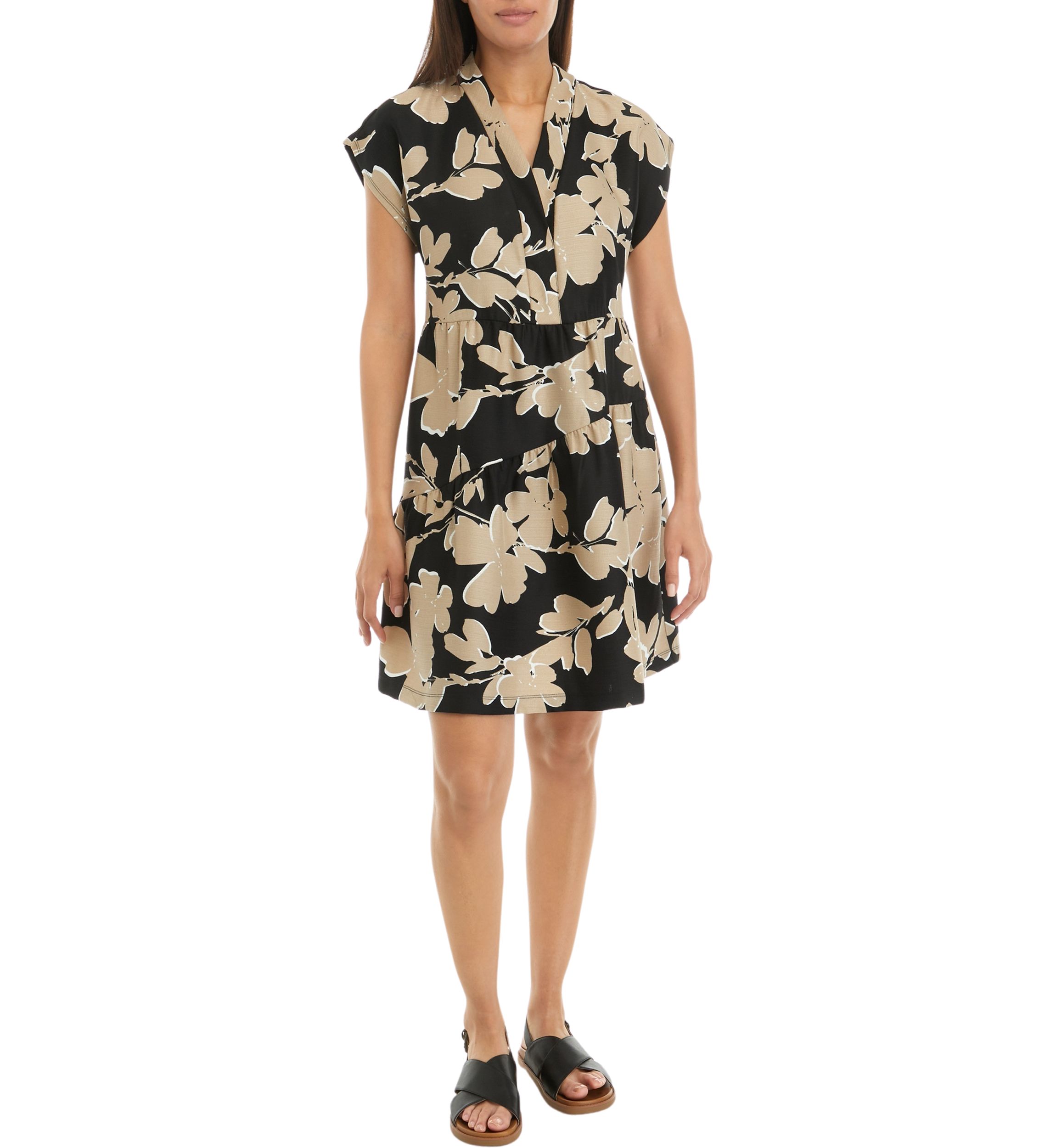 Womens Short Sleeve V-Neck Asymmetrical Tiered Printed A-Line Dress