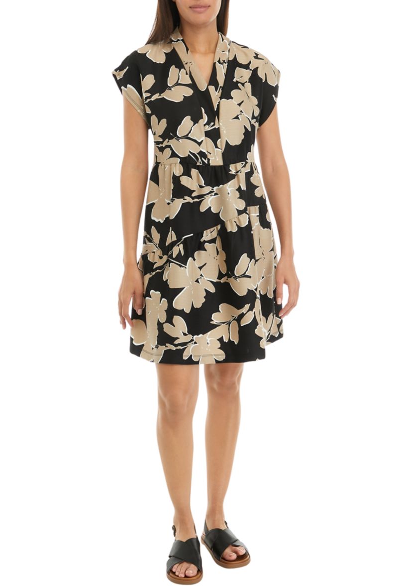 Womens Short Sleeve V-Neck Asymmetrical Tiered Printed A-Line Dress
