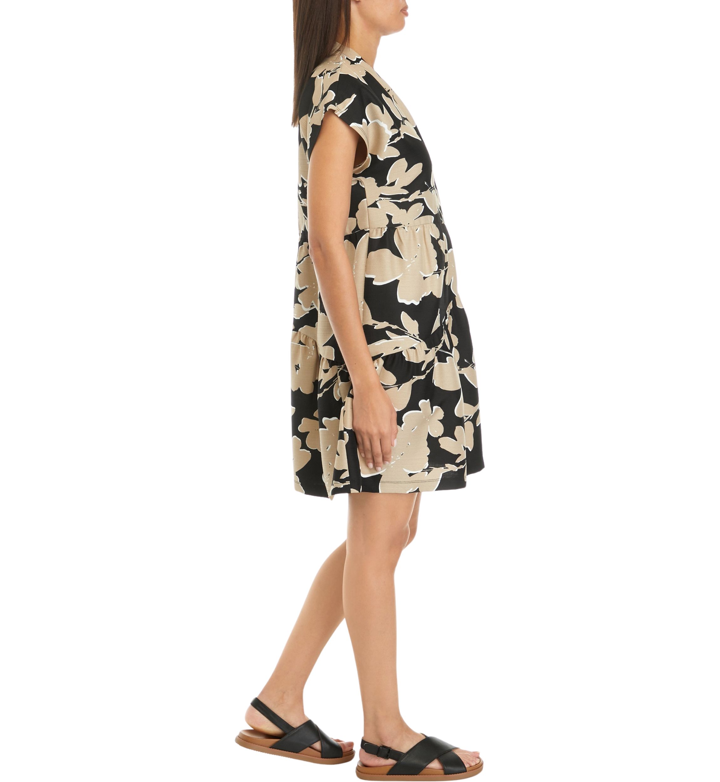 Womens Short Sleeve V-Neck Asymmetrical Tiered Printed A-Line Dress
