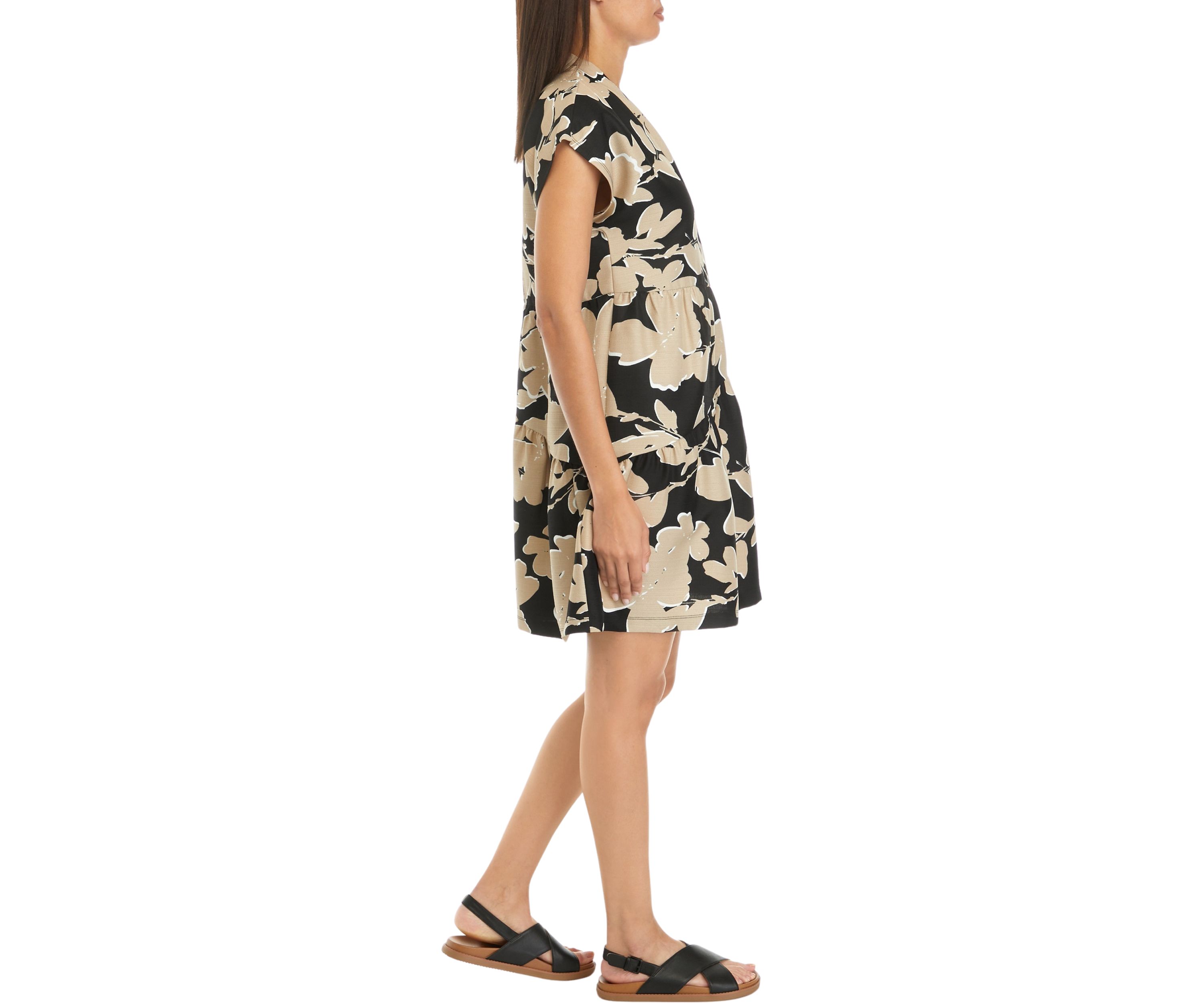 Womens Short Sleeve V-Neck Asymmetrical Tiered Printed A-Line Dress