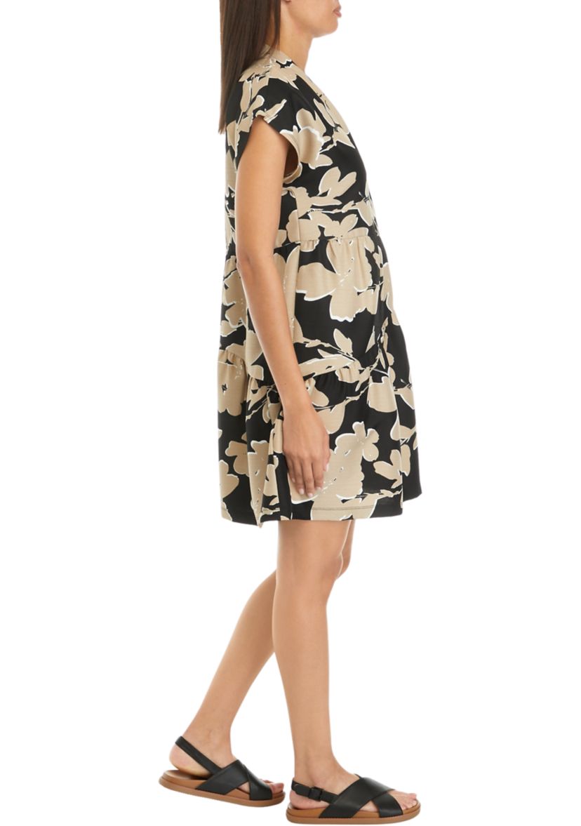 Womens Short Sleeve V-Neck Asymmetrical Tiered Printed A-Line Dress