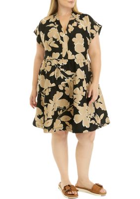 Plus Short Sleeve V-Neck Floral Print Linen Dress