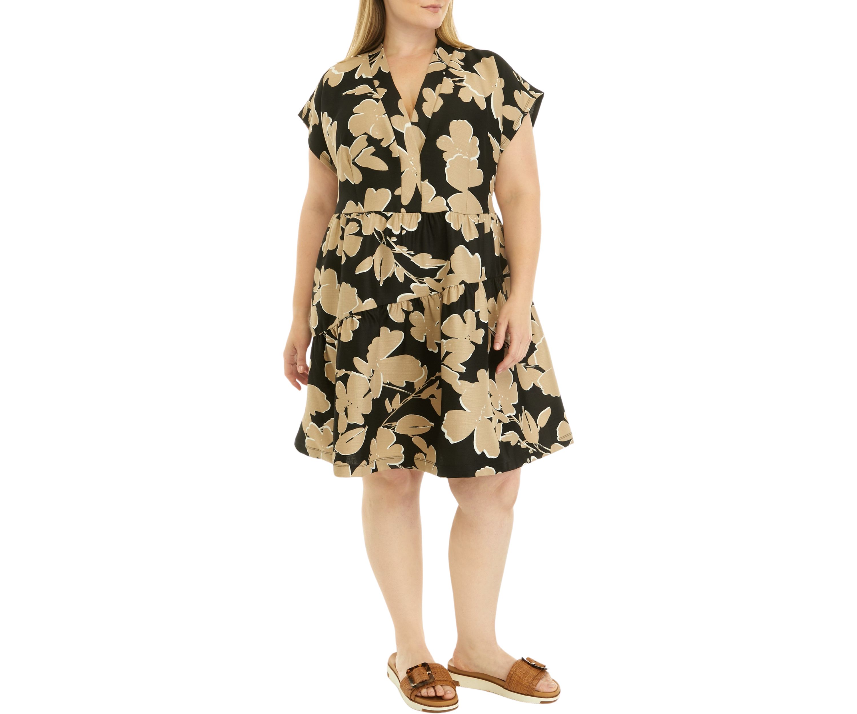 Plus Size Short Sleeve V-Neck Floral Print Linen Dress