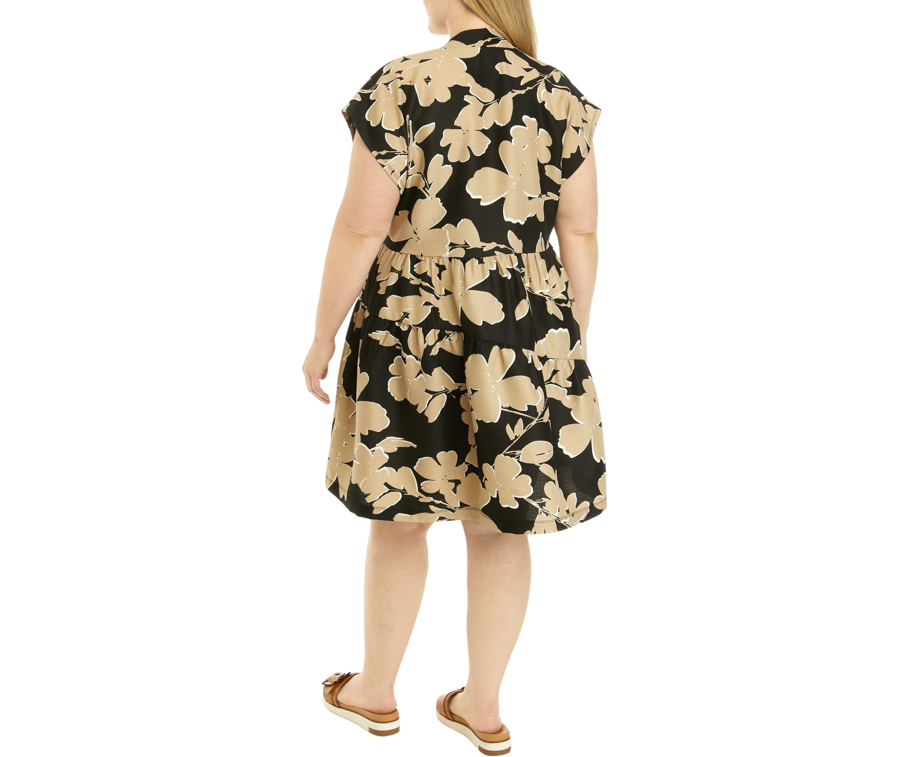 Plus Size Short Sleeve V-Neck Floral Print Linen Dress