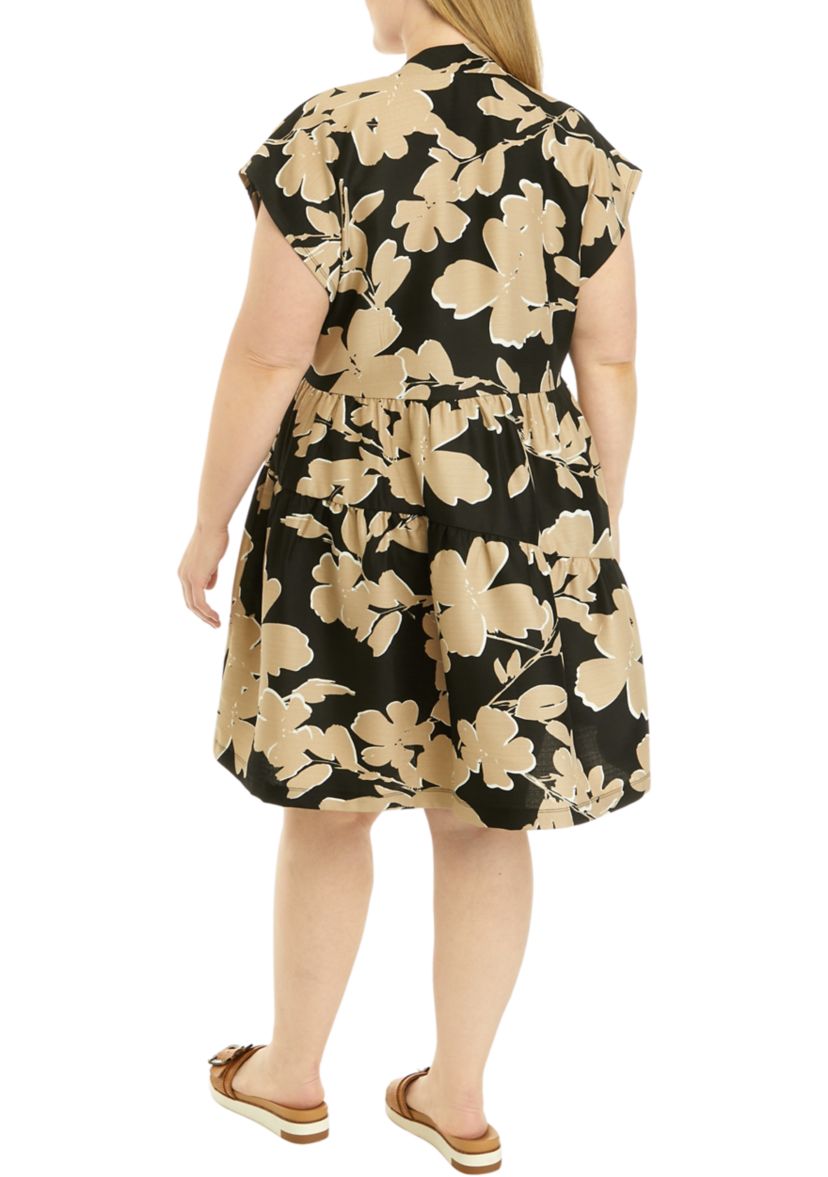 Plus Size Short Sleeve V-Neck Floral Print Linen Dress