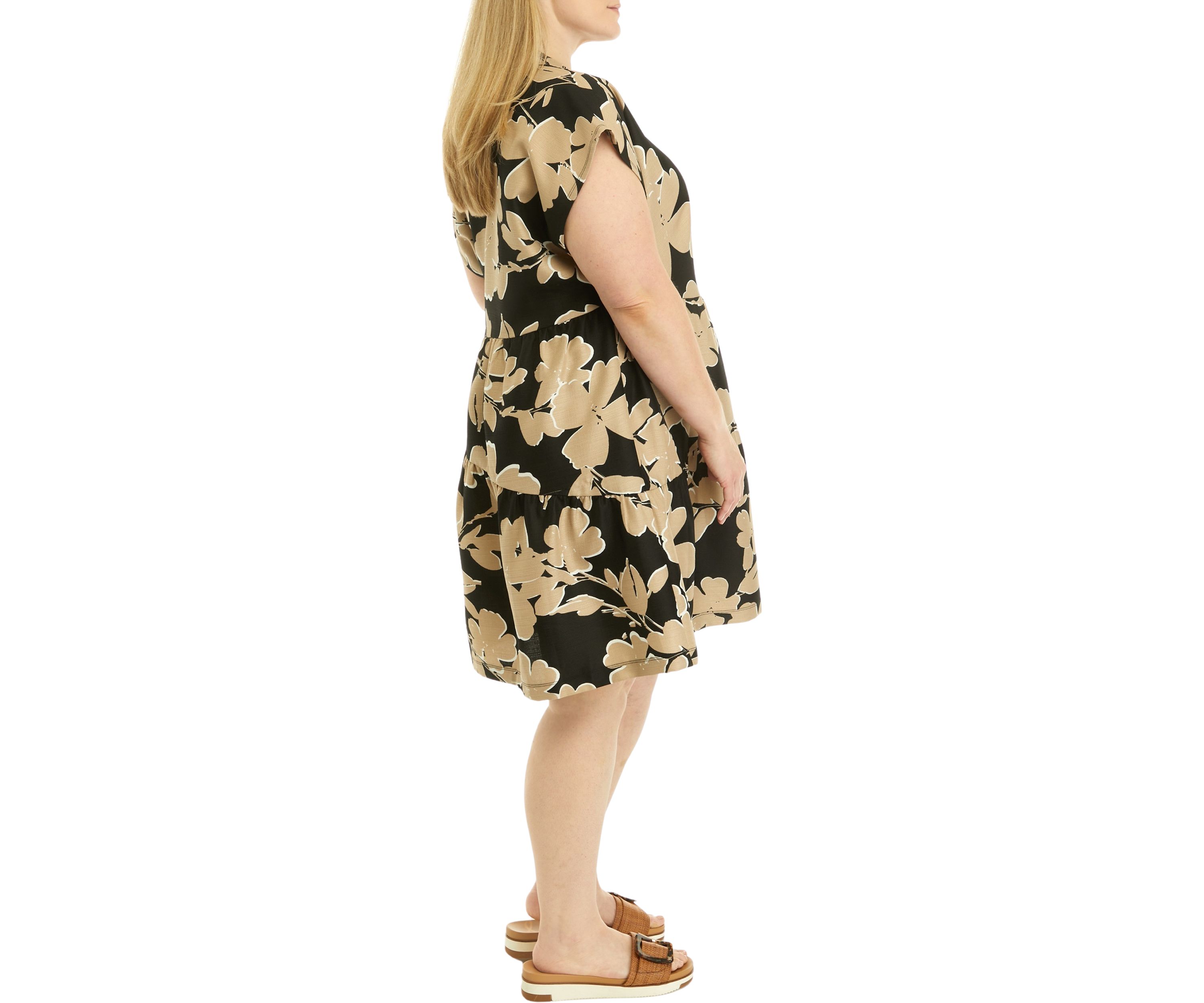 Plus Size Short Sleeve V-Neck Floral Print Linen Dress